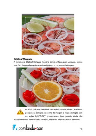 Eliptical Marquee 
A ferramenta Eliptical Marquee funciona como a Retangular Marquee, exceto 
pelo fato de que elaseleciona partes elípticas ou circulares da imagem. 
Quando precisar selecionar um objeto circular perfeito, não oval, 
posicione a seleção ao centro da imagem e faça a seleção com 
as teclas SHIFT+ALT pressionadas, isso quando ainda não 
ato houver er nenhuma seleção,caso contrário, ele fará a intersecção das seleções. 
19 
 