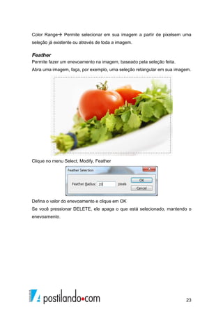Color Range Permite selecionar em sua imagem a partir de pixelsem uma 
seleção já existente ou através de toda a imagem. 
Feather 
Permite fazer um enevoamento na imagem, baseado pela seleção feita. 
Abra uma imagem, faça, por exemplo, uma seleção retangular em sua imagem. 
23 
Clique no menu Select, Modify, Feather 
Defina o valor do enevoamento e clique em OK 
Se você pressionar DELETE, ele apaga o que está selecionado, mantendo o 
enevoamento. 
 