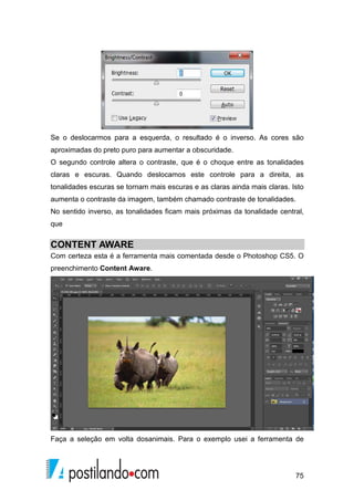 Se o deslocarmos para a esquerda, o resultado é o inverso. As cores são 
aproximadas do preto puro para aumentar a obscuridade. 
O segundo controle altera o contraste, que é o choque entre as tonalidades 
claras e escuras. Quando deslocamos este controle para a direita, as 
tonalidades escuras se tornam mais escuras e as claras ainda mais claras. Isto 
aumenta o contraste da imagem, também chamado contraste de tonalidades. 
No sentido inverso, as tonalidades ficam mais próximas da tonalidade central, 
que 
CONTENT AWARE 
Com certeza esta é a ferramenta mais comentada desde o Photoshop CS5. O 
preenchimento Content Aware. 
Faça a seleção em volta dosanimais. Para o exemplo usei a ferramenta de 
75 
 