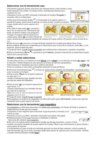 Seleccionar con la herramienta Lazo
Utilizaremos Lazo para realizar selecciones que requieran líneas a mano alzadas y rectas.
Seleccionaremos una corbata. Si cometes errores, sencillamente deselecciona y
comienza otra vez.
1 Aumenta el zoom a un 200% utilizando el deslizador de la paleta Navegador y
encuadrar sobre la corbata-pasta.
2 Selecciona la herramienta: Lazo ( ). Comenzando en la esquina superior iz-
quierda de la pasta, arrastra hacia la derecha, sin soltar el ratón, creando un contorno
a mano alzada sobre la curva superior de la
corbata.
3 Sin soltar el ratón, pulsa Alt y comienza a
hacer clic en cada pico del lado derecho del
borde. (el puntero cambia a lazo poligonal.)
Al llegar a la esquina inferior derecha de la
corbata-pasta, Suelta Alt sin soltar el botón del
ratón y arrastra hacia la izquierda alrededor del contorno de la parte inferior. (El puntero vuelve al icono de la-
zo.)
5 Pulsa de nuevo Alt y haz clics a lo largo del borde izquierdo de la corbata para dibujar líneas rectas.
6 Para completar la selección, comprueba que la última línea cruza el inicio de la selección, suelta Alt y, a con-
tinuación, suelta el botón del ratón.
7 Escoge del menú: Vista Encajar en pantalla, para redimensionar el documento y ajustarlo a la pantalla.
8 Pulsa en herramienta Mover o presiona la tecla Control y arrastra la selección de la corbata hasta la parte
inferior de la cara del melón.
Añadir y restar selecciones
Al seleccionar un área, si se mantiene la tecla Mayús, ésta se añade (+) a la selección, la teclar Alt, resta ( - )de
la selección. También dispones de estas opciones en la barra de opciones (propiedades).
Seleccionaremos el champiñón que será el sombrero del melón.
1 Esta vez aumenta el zoom sobre el champiñón utilizando la rueda del Mouse.
2 Selecciona la herramienta Lazo y arrastra un contorno basto alrededor del champiñón cometiendo errores
como se muestra en la figura.
3 Pulsa la tecla: Mayús. (en el puntero aparecerá
un signo más. [+] )
Arrastra la herramienta Lazo alrededor del área
que falta por añadir del champiñón.
5 Pulsa la tecla: Alt. (en el puntero aparecerá un
signo menos. [-] )
Arrastra la herramienta Lazo alrededor del área
que sobra de la selección.
Nota: Para cerrar la selección, finaliza la selección
cruzando el punto de inicio.
7 Escoge del menú: Vista Encajar en pantalla
8 Para desplazar el sombrero de champiñón a la cabeza del melón, pulsa Alt+Control y arrastra una copia del
champiñón hasta la parte superior del melón.
Seleccionar con la herramienta Lazo magnético
Lazo magnético se utiliza para selecciones con bordes muy contrastados. Los límites del borde se ajustan au-
tomáticamente al borde que esté trazando.
Utilizaremos el lazo magnético para seleccionar el gajo de pomelo (o naranja) y con-
vertirla en oreja.
1 Aumenta el zoom a un 200%. utilizando el deslizador de la paleta: Navegador
2 Mantén pulsado el botón Lazo hasta que se despliegue el submenú.
Selecciona del submenú: Lazo magnético.
3 Haz clic en la esquina inferior izquierda de la pulpa roja del gajo de pomelo, y mueve el ratón
trazando un contorno alrededor de la parte superior de la pulpa. Observa que la herramienta se ajusta al borde y
coloca puntos de sujeción.
Si la herramienta no sigue el borde con suficiente precisión (en áreas de bajo contraste), coloca un punto de
sujeción haciendo clic con el ratón. Se pueden añadir tantos puntos de sujeción como sean necesarios. También
se pueden eliminar pulsando la tecla (Supr)
 