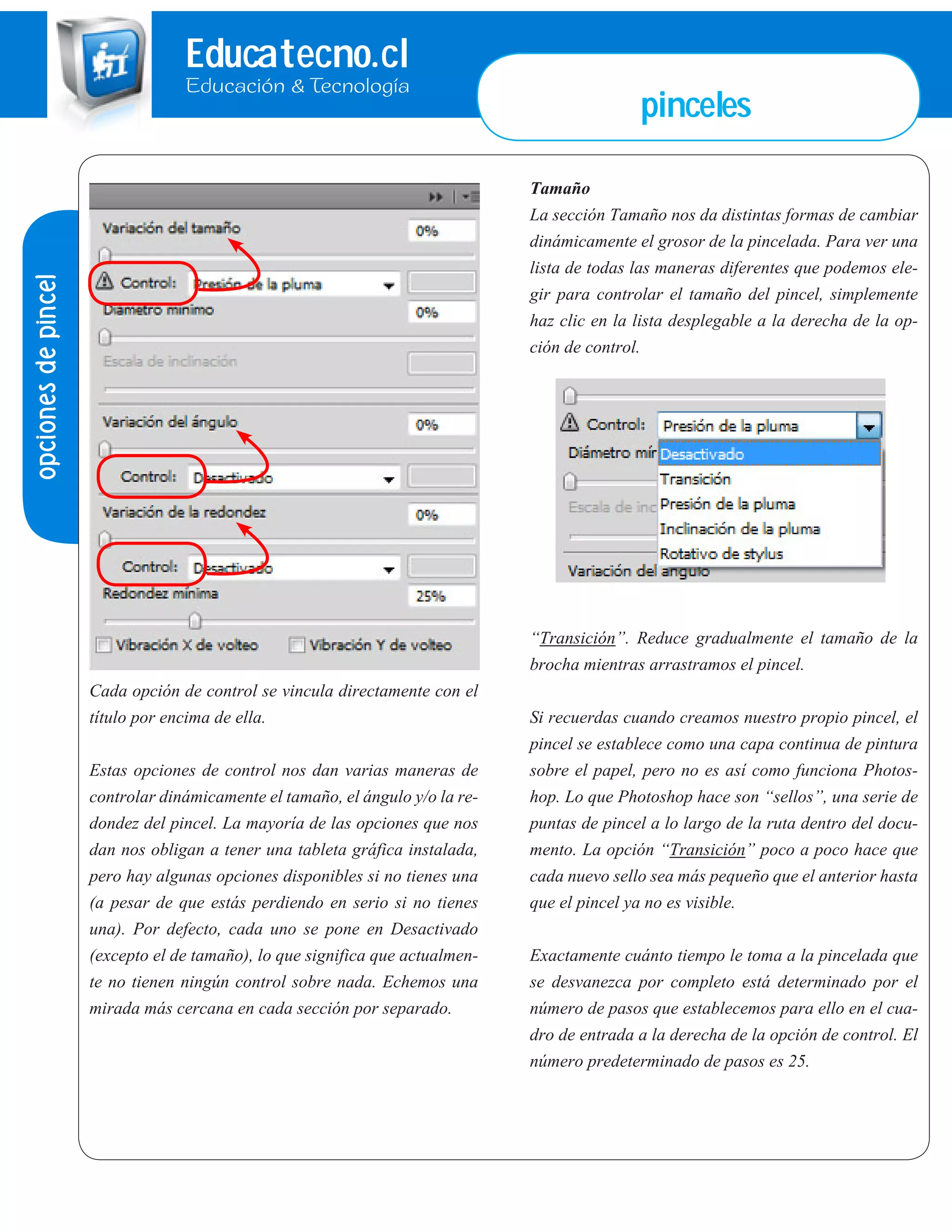 Educatecno.cl
Educación & Tecnología
pinceles
opcionesdepincel
Cada opción de control se vincula directamente con el
título por encima de ella.
Estas opciones de control nos dan varias maneras de
controlar dinámicamente el tamaño, el ángulo y/o la re-
dondez del pincel. La mayoría de las opciones que nos
dan nos obligan a tener una tableta gráfica instalada,
pero hay algunas opciones disponibles si no tienes una
(a pesar de que estás perdiendo en serio si no tienes
una). Por defecto, cada uno se pone en Desactivado
(excepto el de tamaño), lo que significa que actualmen-
te no tienen ningún control sobre nada. Echemos una
mirada más cercana en cada sección por separado.
Tamaño
La sección Tamaño nos da distintas formas de cambiar
dinámicamente el grosor de la pincelada. Para ver una
lista de todas las maneras diferentes que podemos ele-
gir para controlar el tamaño del pincel, simplemente
haz clic en la lista desplegable a la derecha de la op-
ción de control.
“Transición”. Reduce gradualmente el tamaño de la
brocha mientras arrastramos el pincel.
Si recuerdas cuando creamos nuestro propio pincel, el
pincel se establece como una capa continua de pintura
sobre el papel, pero no es así como funciona Photos-
hop. Lo que Photoshop hace son “sellos”, una serie de
puntas de pincel a lo largo de la ruta dentro del docu-
mento. La opción “Transición” poco a poco hace que
cada nuevo sello sea más pequeño que el anterior hasta
que el pincel ya no es visible.
Exactamente cuánto tiempo le toma a la pincelada que
se desvanezca por completo está determinado por el
número de pasos que establecemos para ello en el cua-
dro de entrada a la derecha de la opción de control. El
número predeterminado de pasos es 25.
 