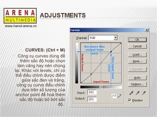 CURVES: (Ctrl + M) Công cụ curves dùng để thêm sắc độ hoặc chọn làm căng hay nén chúng lại. Khác với levels, chỉ có thể điều chỉnh được điểm giữa sắc đen và trắng, công cụ curve điểu chỉnh dựa trên số lượng của  anchor point để hoà thêm sắc độ hoặc bỏ bớt sắc độ.   