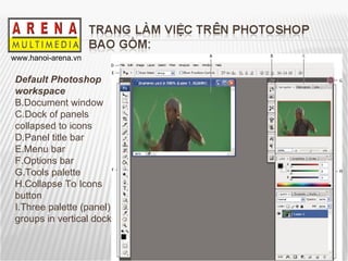 Default Photoshop workspace Document window  Dock of panels collapsed to icons  Panel title bar  Menu bar  Options bar  Tools palette  Collapse To Icons button Three palette (panel) groups in vertical dock 