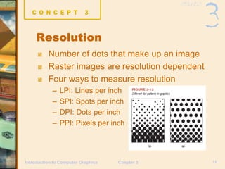 Chapter 3 10
Introduction to Computer Graphics
Resolution
Number of dots that make up an image
Raster images are resolutio...