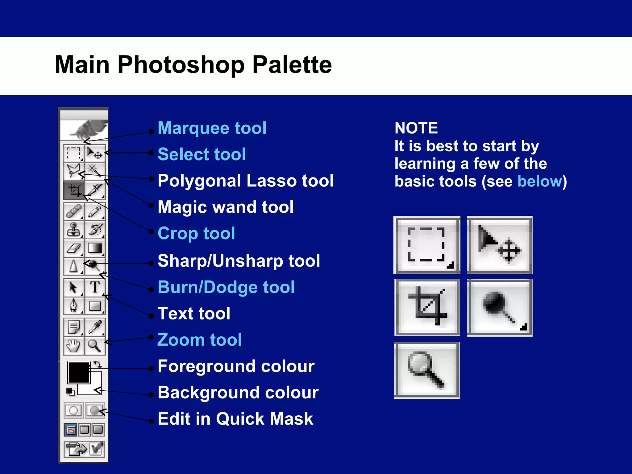 Main Photoshop Palette Marquee tool Select tool Magic wand tool Polygonal Lasso tool Crop tool Sharp/Unsharp tool Burn/Dodge tool Text tool Zoom tool Foreground colour Background colour Edit in Quick Mask NOTE It is best to start by learning a few of the basic tools (see  below ) 