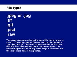 .jpeg or .jpg .tif .gif .psd .raw The above extensions relate to the type of file that an image is saved in. The most common file type found on the internet is ‘.jpg, .jpeg and .gif’. These are compressed files, which mean that they have been reduced in file size to save space. The disadvantage is that the quality of the image is decreased and the image loses detail if manipulated. File Types 