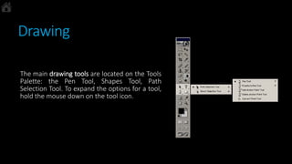 Drawing
The main drawing tools are located on the Tools
Palette: the Pen Tool, Shapes Tool, Path
Selection Tool. To expand the options for a tool,
hold the mouse down on the tool icon.
 