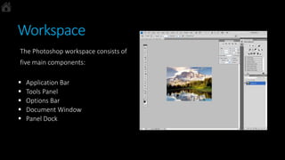 Workspace
The Photoshop workspace consists of
five main components:
 Application Bar
 Tools Panel
 Options Bar
 Document Window
 Panel Dock
 