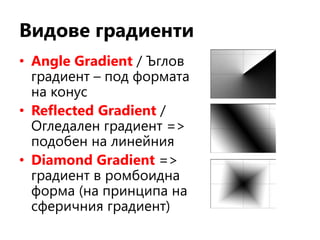 Видове градиенти
• Angle Gradient / Ъглов
градиент – под формата
на конус
• Reflected Gradient /
Огледален градиент =>
подобен на линейния
• Diamond Gradient =>
градиент в ромбоидна
форма (на принципа на
сферичния градиент)
 