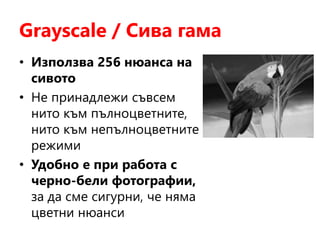 Grayscale / Сива гама
• Използва 256 нюанса на
сивото
• Не принадлежи съвсем
нито към пълноцветните,
нито към непълноцветните
режими
• Удобно е при работа с
черно-бели фотографии,
за да сме сигурни, че няма
цветни нюанси
 