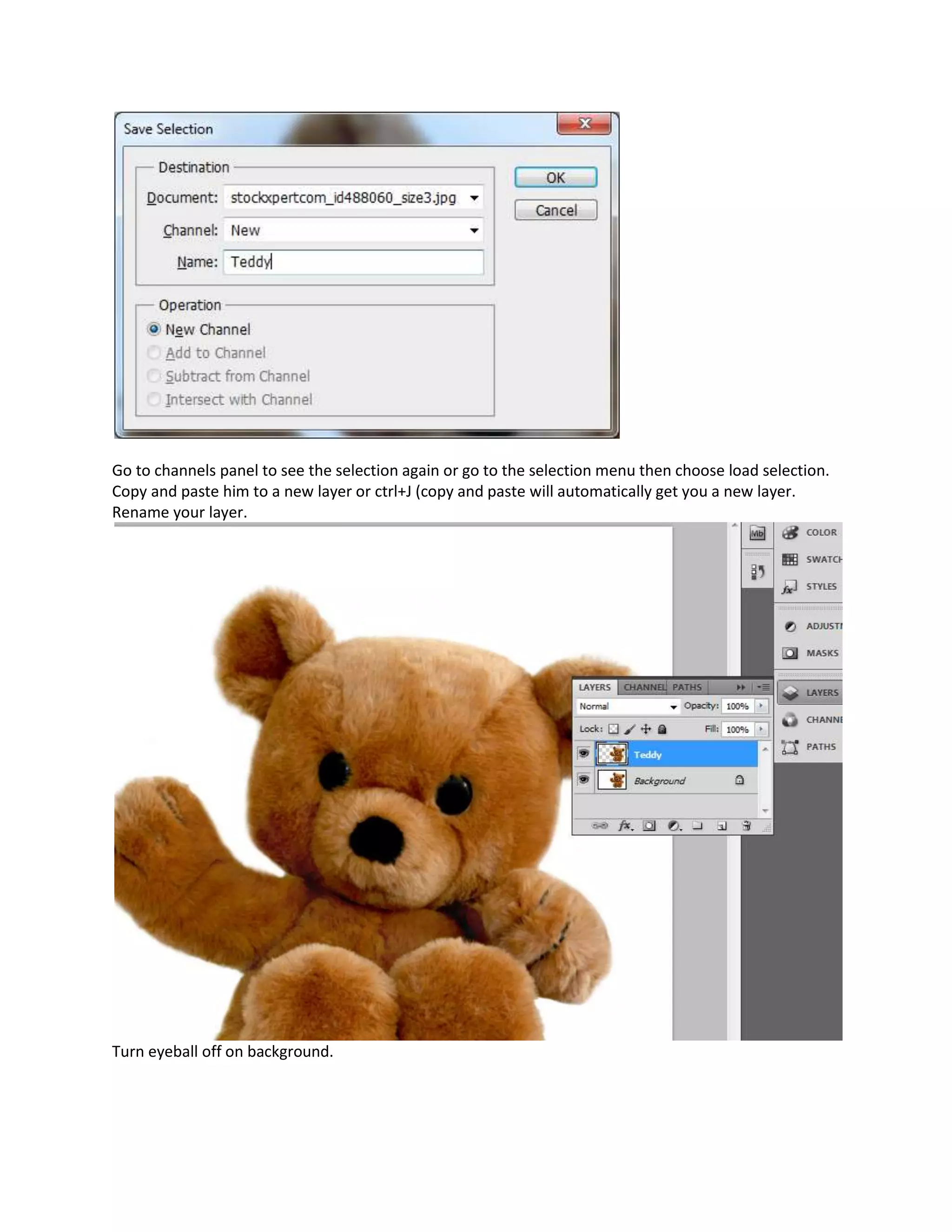 Go to channels panel to see the selection again or go to the selection menu then choose load selection.
Copy and paste him to a new layer or ctrl+J (copy and paste will automatically get you a new layer.
Rename your layer.




Turn eyeball off on background.
 