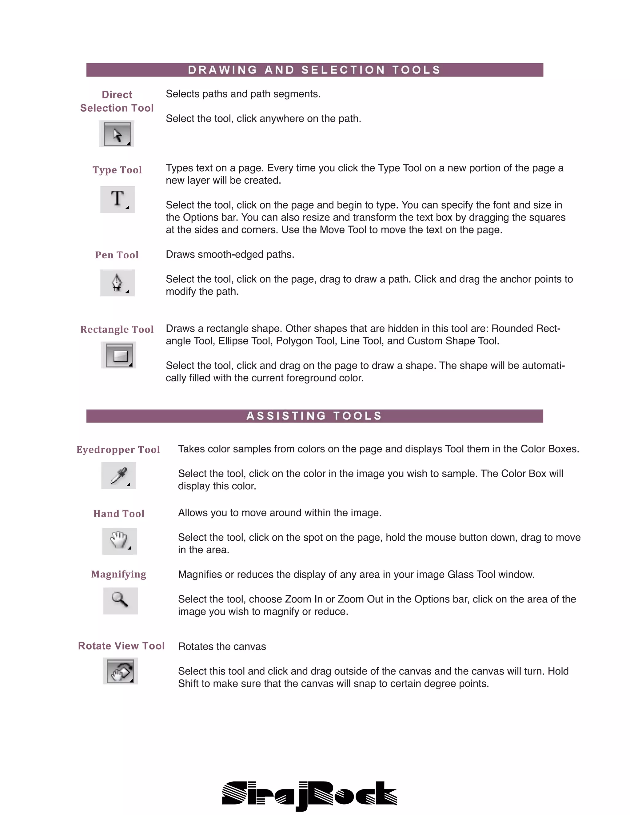 Selects paths and path segments.
Select the tool, click anywhere on the path.
Types text on a page. Every time you click the Type Tool on a new portion of the page a
new layer will be created.
Select the tool, click on the page and begin to type. You can specify the font and size in
the Options bar. You can also resize and transform the text box by dragging the squares
at the sides and corners. Use the Move Tool to move the text on the page.
Draws smooth-edged paths.
Select the tool, click on the page, drag to draw a path. Click and drag the anchor points to
modify the path.
Draws a rectangle shape. Other shapes that are hidden in this tool are: Rounded Rect-
angle Tool, Ellipse Tool, Polygon Tool, Line Tool, and Custom Shape Tool.
Select the tool, click and drag on the page to draw a shape. The shape will be automati-
cally filled with the current foreground color.
Type Tool  
Pen Tool  
Rectangle Tool  
Direct
Selection Tool
Takes color samples from colors on the page and displays Tool them in the Color Boxes.
Select the tool, click on the color in the image you wish to sample. The Color Box will
display this color.
Allows you to move around within the image.
Select the tool, click on the spot on the page, hold the mouse button down, drag to move
in the area.
Magnifies or reduces the display of any area in your image Glass Tool window.
Select the tool, choose Zoom In or Zoom Out in the Options bar, click on the area of the
image you wish to magnify or reduce.
Rotates the canvas
Select this tool and click and drag outside of the canvas and the canvas will turn. Hold
Shift to make sure that the canvas will snap to certain degree points.
Eyedropper Tool  
Hand Tool  
Magnifying 
Rotate View Tool
 