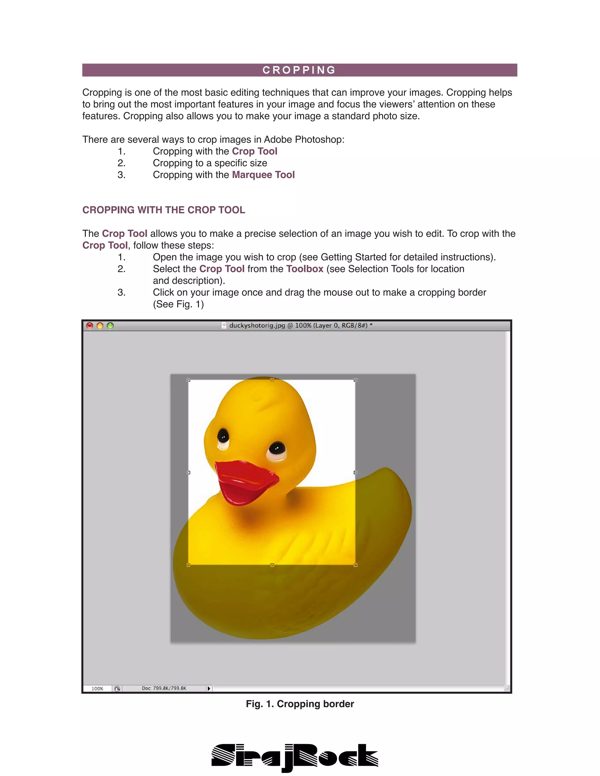 Cropping is one of the most basic editing techniques that can improve your images. Cropping helps
to bring out the most important features in your image and focus the viewers’ attention on these
features. Cropping also allows you to make your image a standard photo size.
There are several ways to crop images in Adobe Photoshop:
	 1.	 Cropping with the Crop Tool
	 2.	 Cropping to a specific size
	 3. 	 Cropping with the Marquee Tool
CROPPING WITH THE CROP TOOL
The Crop Tool allows you to make a precise selection of an image you wish to edit. To crop with the
Crop Tool, follow these steps:
	 1.	 Open the image you wish to crop (see Getting Started for detailed instructions).
	 2.	 Select the Crop Tool from the Toolbox (see Selection Tools for location 	
		 and description).
	 3.	 Click on your image once and drag the mouse out to make a cropping border
		 (See Fig. 1)
Fig. 1. Cropping border
 