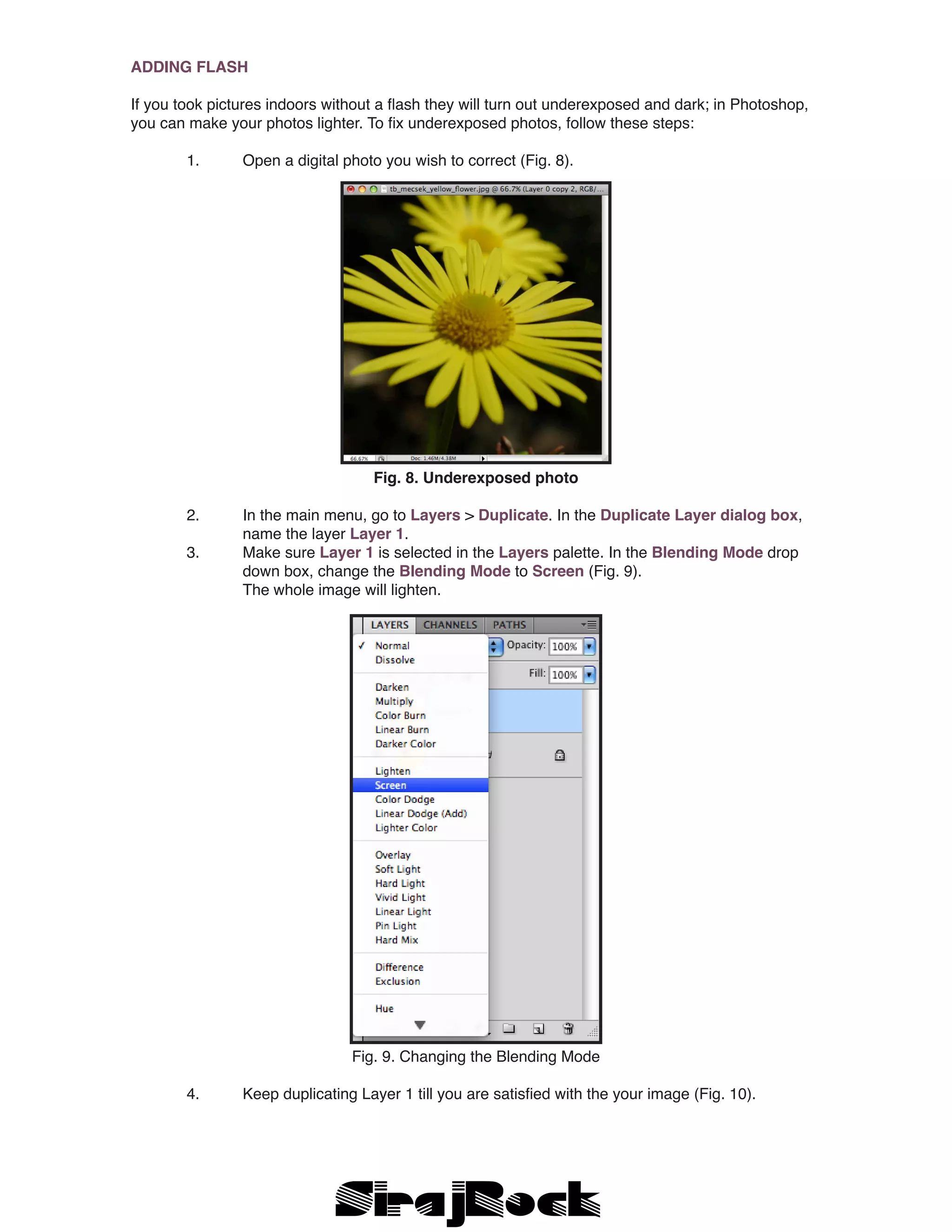 ADDING FLASH
If you took pictures indoors without a flash they will turn out underexposed and dark; in Photoshop,
you can make your photos lighter. To fix underexposed photos, follow these steps:
	 1. 	 Open a digital photo you wish to correct (Fig. 8).
Fig. 8. Underexposed photo
	 2.	 In the main menu, go to Layers > Duplicate. In the Duplicate Layer dialog box, 	
		 name the layer Layer 1.
	 3.	 Make sure Layer 1 is selected in the Layers palette. In the Blending Mode drop
		 down box, change the Blending Mode to Screen (Fig. 9). 				
		 The whole image will lighten.
Fig. 9. Changing the Blending Mode
	 4. 	 Keep duplicating Layer 1 till you are satisfied with the your image (Fig. 10).
 