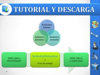 DESCARGA
PHOTOSHOP
Sandra.diaz4@alu.uclm.es
o
Foro de trabajo
DESCARGA
CAMSTASIA
Funciones
básicas
Juntamos
animales
Juntamos
personas