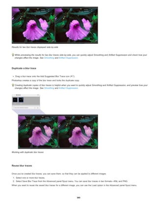 Results for two blur traces displayed side-by-side
While previewing the results for two blur traces side-by-side, you can quickly adjust Smoothing and Artifact Suppression and check how your
changes affect the image. See Smoothing and Artifact Suppression.
Duplicate a blur trace
Drag a blur trace onto the Add Suggested Blur Trace icon ( ).
Photoshop creates a copy of the blur trace and locks the duplicate copy.
Creating duplicate copies of blur traces is helpful when you want to quickly adjust Smoothing and Artifact Suppression, and preview how your
changes affect the image. See Smoothing and Artifact Suppression.
Working with duplicate blur traces
Reuse blur traces
Once you’ve created blur traces; you can save them, so that they can be applied to different images.
1. Select one or more blur traces.
2. Select Save Blur Trace from the Advanced panel flyout menu. You can save blur traces in two formats—KNL and PNG.
When you want to reuse the saved blur traces for a different image, you can use the Load option in the Advanced panel flyout menu.
380
 
