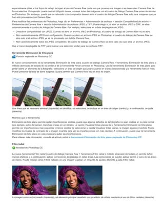 especialmente útiles si los flujos de trabajo incluyen el uso de Camera Raw cada vez que procesa una imagen o se desea abrir Camera Raw de 
forma selectiva. Por ejemplo, puede que un fotógrafo desee procesar todas las imágenes con el cuadro de diálogo Camera Raw antes de abrirlas 
en Photoshop. Sin embargo, puede que un retocador o un compositor deseen abrir el cuadro de diálogo Camera Raw solo para imágenes que ya 
han sido procesadas con Camera Raw. 
Para modificar las preferencias de Photoshop, haga clic en Preferencias > Administración de archivos > sección Compatibilidad de archivo > 
Preferencias de Camera Raw > sección Administración de archivos JPEG y TIFF. Puede elegir si, al abrir un archivo JPEG o TIFF, se abre 
automáticamente el cuadro de diálogo de Camera Raw. Por ejemplo, seleccione en la lista desplegable de JPEG: 
Desactivar compatibilidad con JPEG. Cuando se abre un archivo JPEG en Photoshop, el cuadro de diálogo de Camera Raw no se abre. 
Abrir automáticamente JPEG con configuración. Cuando se abre un archivo JPEG en Photoshop, el cuadro de diálogo de Camera Raw se 
abre solo si el archivo JPEG ya se ha procesado con Adobe Camera Raw. 
Abrir automáticamente todos los JPEG compatibles. El cuadro de diálogo de Camera Raw se abre cada vez que abra un archivo JPEG. 
Use el menú desplegable de TIFF para realizar una selección similar para los archivos TIFF. 
Herramienta Eliminación de tinta plana 
Función mejorada en Photoshop CC 
El nuevo comportamiento de la herramienta Eliminación de tinta plana (cuadro de diálogo Camera Raw > herramienta Eliminación de tinta plana o 
método abreviado de teclado B) es similar al de la herramienta Pincel corrector en Photoshop. Use la herramienta Eliminación de tinta plana para 
pintar sobre un elemento de la fotografía, seleccione un área de origen que podría usarse en el área seleccionada y la herramienta hará el resto. 
Puede presionar la tecla de barra diagonal (/) para permitir que Camera Raw elija el área de origen. 
Una línea que es necesario eliminar (izquierda) se identifica, se selecciona, se incluye en un área de origen (centro) y, a continuación, se quita 
(derecha) 
Mientras que la herramienta 
Eliminación de tinta plana permite quitar imperfecciones visibles, puede que algunos defectos de la fotografía no sean visibles en la vista normal 
(por ejemplo, polvo del sensor, manchas o taras en un retrato). La opción Visualizar tintas planas de la herramienta Eliminación de tinta plana 
permite ver imperfecciones más pequeñas y menos visibles. Al seleccionar la casilla Visualizar tintas planas, la imagen aparece invertida. Puede 
modificar los niveles de contraste de la imagen invertida para ver las imperfecciones con más claridad. A continuación, puede usar la herramienta 
Eliminación de tinta plana en esta vista para quitar las imperfecciones. 
Para obtener más información, consulte el artículo sobre la herramienta Eliminación de tinta plana mejorada de Photoshop CC. 
Filtro radial 
Novedad de Photoshop CC 
La nueva herramienta Filtro radial (cuadro de diálogo Camera Raw > herramienta Filtro radial o método abreviado de teclado J) permite definir 
marcos elípticos y, a continuación, aplicar correcciones localizadas en estas áreas. Las correcciones se pueden aplicar dentro o fuera de las áreas 
de marco. Puede colocar varios Filtros radiales en una imagen y aplicar un conjunto de ajustes diferente a cada Filtro radial. 
La imagen como se ha tomado (izquierda) y el elemento principal resaltado con un efecto de viñeta mediante el uso de filtros radiales (derecha) 
 