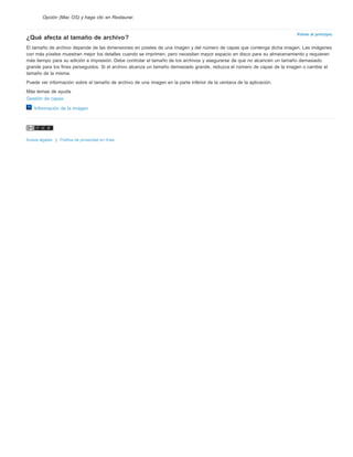 Volver al principio 
Opción (Mac OS) y haga clic en Restaurar. 
¿Qué afecta al tamaño de archivo? 
El tamaño de archivo depende de las dimensiones en píxeles de una imagen y del número de capas que contenga dicha imagen. Las imágenes 
con más píxeles muestran mejor los detalles cuando se imprimen, pero necesitan mayor espacio en disco para su almacenamiento y requieren 
más tiempo para su edición e impresión. Debe controlar el tamaño de los archivos y asegurarse de que no alcancen un tamaño demasiado 
grande para los fines perseguidos. Si el archivo alcanza un tamaño demasiado grande, reduzca el número de capas de la imagen o cambie el 
tamaño de la misma. 
Puede ver información sobre el tamaño de archivo de una imagen en la parte inferior de la ventana de la aplicación. 
Más temas de ayuda 
Gestión de capas 
Información de la imagen 
Avisos legales | Política de privacidad en línea 
 