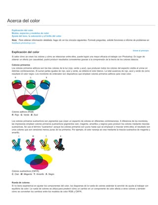 Acerca del color 
Explicación del color 
Modos, espacios y modelos de color 
Ajuste del tono, la saturación y el brillo del color 
Nota: Para obtener información detallada, haga clic en los vínculos siguientes. Formule preguntas, solicite funciones e informe de problemas en 
feedback.photoshop.com. 
Volver al principio 
Explicación del color 
Si sabe cómo se crean los colores y cómo se relacionan entre ellos, puede lograr una mayor eficacia al trabajar con Photoshop. En lugar de 
obtener un efecto por casualidad, podrá producir resultados consistentes gracias a la comprensión de la teoría de los colores básicos. 
Colores primarios 
Los colores primarios aditivos son los tres colores de la luz (rojo, verde y azul), que producen todos los colores del espectro visible al unirse en 
distintas combinaciones. Al sumar partes iguales de rojo, azul y verde, se obtiene el color blanco. La total ausencia de rojo, azul y verde da como 
resultado el color negro. Los monitores de ordenador son dispositivos que emplean colores primarios aditivos para crear color. 
Colores aditivos (RGB) 
R. Rojo G. Verde B. Azul 
Los colores primarios sustractivos son pigmentos que crean un espectro de colores en diferentes combinaciones. A diferencia de los monitores, 
las impresoras emplean colores primarios sustractivos (pigmentos cian, magenta, amarillos y negros) para producir los colores mediante mezclas 
sustractivas. Se usa el término “sustractivo” porque los colores primarios son puros hasta que se empiezan a mezclar entre ellos; el resultado son 
unos colores que son versiones menos puras de los primarios. Por ejemplo, el color naranja se crea mediante la mezcla sustractiva de magenta y 
amarillo. 
Colores sustractivos (CMYK) 
C. Cian M. Magenta Y. Amarillo K. Negro 
Rueda de colores 
Si no tiene experiencia en ajustar los componentes del color, los diagramas de la rueda de colores estándar le servirán de ayuda al trabajar con 
equilibrio de color. La rueda de colores se utiliza para predecir cómo un cambio en un componente de color afecta a otros colores y también 
cómo se convierten los cambios entre los modelos de color RGB y CMYK. 
 