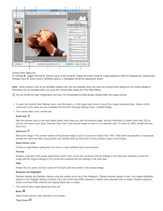 Camera Raw dialog box 
A. Filmstrip B. Toggle Filmstrip C. Camera name or file format D. Toggle full-screen mode E. Image adjustment tabs F. Histogram G. Camera Raw 
Settings menu H. Zoom levels I. Workflow options J. Navigation arrows K. Adjustment sliders 
Note: 
Some controls, such as the Workflow Options link, that are available when you open the Camera Raw dialog box from Adobe Bridge or 
Photoshop are not available when you open the Camera Raw dialog box from After Effects. 
You can invoke the Auto Temperature and Auto Tint functionality by Shift-double-clicking within the image preview. 
To open the Camera Raw Settings menu, click the button in the upper-right corner of any of the image adjustment tabs. Several of the 
commands in this menu are also available from the Edit >Develop Settings menu in Adobe Bridge. 
The Camera Raw zoom controls are: 
Zoom tool 
Sets the preview zoom to the next higher preset value when you click the preview image. Alt-click (Windows) or Option-click (Mac OS) to 
use the next lower zoom value. Drag the Zoom tool in the preview image to zoom in on a selected area. To return to 100%, double-click the 
Zoom tool. 
Hand tool 
Moves the image in the preview window if the preview image is set at a zoom level higher than 100%. Hold down the spacebar to temporarily 
activate the Hand tool while using another tool. Double-click the Hand tool to fit the preview image to the window. 
Select Zoom Level 
Choose a magnification setting from the menu or click theSelect Zoom Level buttons. 
Preview 
Displays a preview of the image adjustments made in the current tab, combined with the settings in the other tabs. Deselect to show the 
