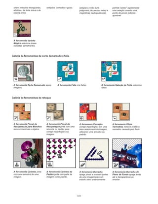 Galeria de ferramentas de corte demarcado e fatia
Galeria de ferramentas de retoque
criam seleções retangulares,
elípticas, de linha única e de
coluna única.
seleções, camadas e guias. seleções à mão livre,
poligonais (de arestas retas) e
magnéticas (autoajustáveis).
permite “pintar” rapidamente
uma seleção usando uma
ponta de pincel redonda
ajustável
A ferramenta Varinha
Mágica seleciona áreas
coloridas semelhantes.
A ferramenta Corte Demarcado apara
imagens.
A ferramenta Fatia cria fatias. A ferramenta Seleção de Fatia seleciona
fatias.
A ferramenta Pincel de
Recuperação para Manchas
remove manchas e objetos
A ferramenta Pincel de
Recuperação pinta com uma
amostra ou padrão para
corrigir imperfeições na
imagem.
A ferramenta Correção
corrige imperfeições em uma
área selecionada da imagem,
utilizando uma amostra ou
padrão.
A ferramenta Olhos
Vermelhos remove o reflexo
vermelho causado pelo flash.
A ferramenta Carimbo pinta
com uma amostra de uma
imagem.
A ferramenta Carimbo de
Padrão pinta com parte da
imagem como padrão.
A ferramenta Borracha
apaga pixels e restaura partes
de uma imagem para um
estado salvo anteriormente.
A ferramenta Borracha de
Plano de Fundo apaga áreas
até a transparência ao
arrastar.
115
 