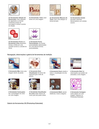 Navegação, observações e galeria de ferramentas de medição
Galeria de ferramentas 3D (Photoshop Extended)
As ferramentas Seleção de
Demarcador criam seleções
de segmentos ou formas
mostrando pontos de
ancoragem e linhas e pontos
de direção.
As ferramentas Texto criam
textos em uma imagem.
As ferramentas Máscara de
Texto criam uma seleção na
forma de texto.
As ferramentas Caneta
permitem desenhar
demarcadores com arestas
suaves.
As ferramentas Forma e a
ferramenta Linha desenham
formas e linhas em uma
camada normal ou camada de
forma.
A ferramenta Forma
Personalizada cria formas
personalizadas selecionadas
em uma lista de formas
personalizadas.
A ferramenta Mão move uma
imagem dentro da janela.
A ferramenta Girar
Visualização de forma não
destrutiva gira a tela de
pintura.
A ferramenta Zoom amplia e
reduz a visualização de uma
imagem.
A ferramenta Nota faz
observações que podem ser
anexadas a uma imagem.
A ferramenta Conta-gotas
faz a amostragem de cores
em uma imagem.
A ferramenta Classificador
de cores exibe valores de
cores para até quatro áreas.
A ferramenta Medir calcula
distâncias, locais e ângulos.
A ferramenta Contagem
conta objetos em uma
imagem. (Apenas no
Photoshop Extended)
117
 