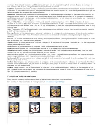 Para o início
mesclagem (fonte de luz) for mais clara que 50% de cinza, a imagem será clareada pela diminuição do contraste. Se a cor de mesclagem for
mais escura que 50% de cinza, a imagem será escurecida pelo aumento do contraste.
Luz Linear Superexpõe ou subexpõe as cores, aumentando ou diminuindo o brilho, dependendo da cor de mesclagem. Se a cor de mesclagem
(fonte de luz) for mais clara que 50% de cinza, a imagem será clareada pelo aumento de brilho. Se a cor de mesclagem for mais escura que 50%
de cinza, a imagem será escurecida pela diminuição de brilho.
Luz do Pino Substitui as cores, dependendo da cor de mesclagem. Se a cor de mesclagem (fonte de luz) for mais clara que 50% de cinza, os
pixels mais escuros que a cor de mesclagem serão substituídos e os mais claros não serão alterados. Se a cor de mesclagem for mais escura
que 50% de cinza, os pixels mais claros que a cor de mesclagem serão substituídos e os mais escuros não serão alterados. Isso é importante ao
adicionar efeitos especiais a uma imagem.
Mistura Sólida Adiciona os valores de canal vermelho, verde e azul da cor de mesclagem aos valores RGB da cor de base. Se a soma
resultante de um canal for 255 ou mais, ele receberá um valor de 255; se for menos de 255, o valor será 0. Portanto, todos os pixels mesclados
possuem valores de canal vermelho, verde e azul de 0 ou 255. Isto altera todos os pixels para cores aditivas primárias (vermelho, verde ou azul),
branco ou preto.
Nota: Para imagens CMYK, a Mistura sólida altera todos os pixels para as cores subtrativas primárias (ciano, amarelo ou magenta), branco ou
preto. O valor máximo da cor é de 100.
Diferença Examina as informações de cor em cada canal e subtrai a cor de mesclagem da cor de base ou a cor de base da cor de mesclagem,
dependendo de qual tiver brilho maior. A mesclagem com branco inverte os valores da cor de base; a mesclagem com preto não produz
alterações.
Exclusão Cria um efeito semelhante ao do modo Diferença, mas com menor contraste. A mesclagem com o branco inverte os valores da cor de
base. A mesclagem com o preto não produz alterações.
Subtrair Examina as informações de cor em cada canal e subtrai a cor de mesclagem da cor de base. Em imagens de 8 e 16 bits, qualquer valor
negativo resultante é reduzido o zero.
Dividir Examina as informações de cor em cada canal e divide a cor de mesclagem da cor de base.
Matiz Cria uma cor resultante com a luminosidade e a saturação da cor de base e com o matiz da cor de mesclagem.
Saturação Cria uma cor resultante com a luminosidade e o matiz da cor de base e com a saturação da cor de mesclagem. Pintar com esse
modo em uma área com saturação zero (cinza) não produz nenhuma alteração.
Cor Cria uma cor resultante com a luminosidade da cor de base e com o matiz e a saturação da cor de mesclagem. Isso preserva os níveis de
cinza na imagem e é útil para colorir imagens monocromáticas e pintar imagens coloridas.
Luminosidade Cria uma cor resultante com o matiz e a saturação da cor de base e com a luminosidade da cor de mesclagem. Este modo cria o
efeito inverso do modo de Cores.
Cor Mais Clara Compara o total de todos os valores de canal para a cor de base e de mesclagem e exibe a cor de valor mais alto. A Cor Mais
Clara não produz uma terceira cor, que pode resultar da mesclagem Clarear, porque ela escolhe os maiores valores de canal da cor de base e de
mesclagem para criar a cor resultante.
Cor Mais Escura Compara o total de todos os valores de canal para a cor de base e de mesclagem e exibe a cor de valor mais baixo. A Cor
Mais Escura não produz uma terceira cor, que pode resultar da mesclagem Escurecer, porque ela escolhe os menores valores de canal da cor de
base e de mesclagem para criar a cor resultante.
Exemplos de modo de mesclagem
Esses exemplos mostram o resultado de pintar parte da face da imagem usando cada modo de mesclagem.
Para assistir a um vídeo sobre modos de mesclagem, consulte www.adobe.com/go/vid0012_br.
Imagem Original Normal, opacidade 100% Normal, opacidade 50% Dissolver, opacidade 50%
Atrás Apagar Escurecer Multiplicação
299
 