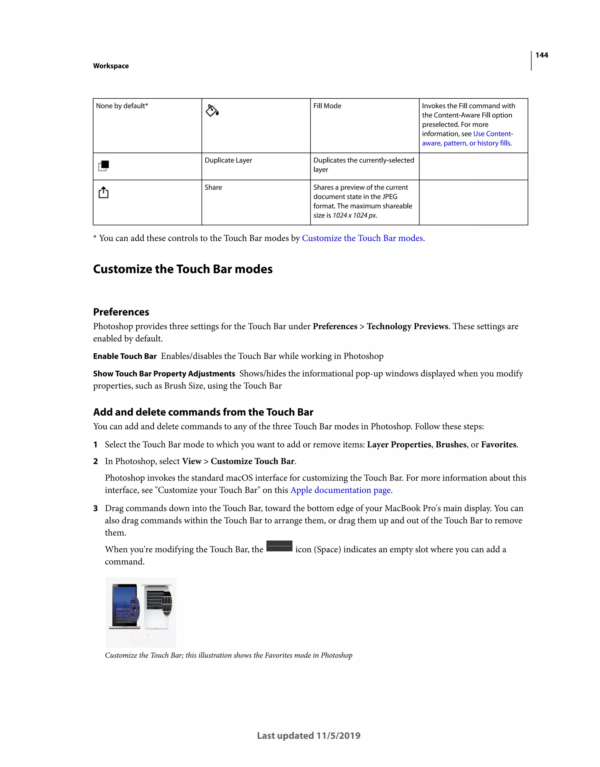 144
Workspace
Last updated 11/5/2019
* You can add these controls to the Touch Bar modes by Customize the Touch Bar modes.
Customize the Touch Bar modes
Preferences
Photoshop provides three settings for the Touch Bar under Preferences > Technology Previews. These settings are
enabled by default.
Enable Touch Bar Enables/disables the Touch Bar while working in Photoshop
Show Touch Bar Property Adjustments Shows/hides the informational pop-up windows displayed when you modify
properties, such as Brush Size, using the Touch Bar
Add and delete commands from the Touch Bar
You can add and delete commands to any of the three Touch Bar modes in Photoshop. Follow these steps:
1 Select the Touch Bar mode to which you want to add or remove items: Layer Properties, Brushes, or Favorites.
2 In Photoshop, select View > Customize Touch Bar.
Photoshop invokes the standard macOS interface for customizing the Touch Bar. For more information about this
interface, see "Customize your Touch Bar" on this Apple documentation page.
3 Drag commands down into the Touch Bar, toward the bottom edge of your MacBook Pro's main display. You can
also drag commands within the Touch Bar to arrange them, or drag them up and out of the Touch Bar to remove
them.
When you're modifying the Touch Bar, the icon (Space) indicates an empty slot where you can add a
command.
Customize the Touch Bar; this illustration shows the Favorites mode in Photoshop
None by default* Fill Mode Invokes the Fill command with
the Content-Aware Fill option
preselected. For more
information, see Use Content-
aware, pattern, or history fills.
Duplicate Layer Duplicates the currently-selected
layer
Share Shares a preview of the current
document state in the JPEG
format. The maximum shareable
size is 1024 x 1024 px.
 