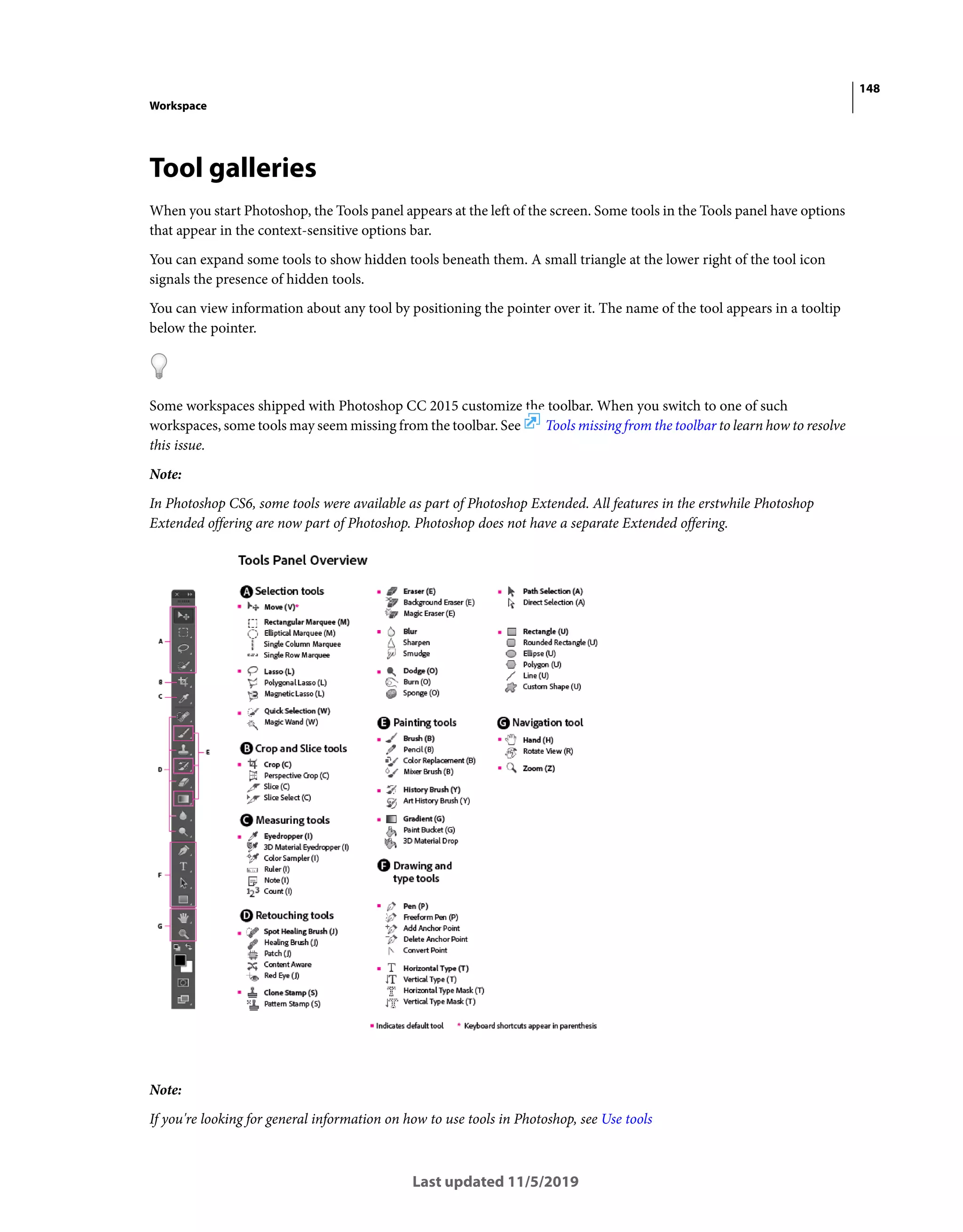 148
Workspace
Last updated 11/5/2019
Tool galleries
When you start Photoshop, the Tools panel appears at the left of the screen. Some tools in the Tools panel have options
that appear in the context-sensitive options bar.
You can expand some tools to show hidden tools beneath them. A small triangle at the lower right of the tool icon
signals the presence of hidden tools.
You can view information about any tool by positioning the pointer over it. The name of the tool appears in a tooltip
below the pointer.
Some workspaces shipped with Photoshop CC 2015 customize the toolbar. When you switch to one of such
workspaces, some tools may seem missing from the toolbar. See Tools missing from the toolbar to learn how to resolve
this issue.
Note:
In Photoshop CS6, some tools were available as part of Photoshop Extended. All features in the erstwhile Photoshop
Extended offering are now part of Photoshop. Photoshop does not have a separate Extended offering.
Note:
If you're looking for general information on how to use tools in Photoshop, see Use tools
 