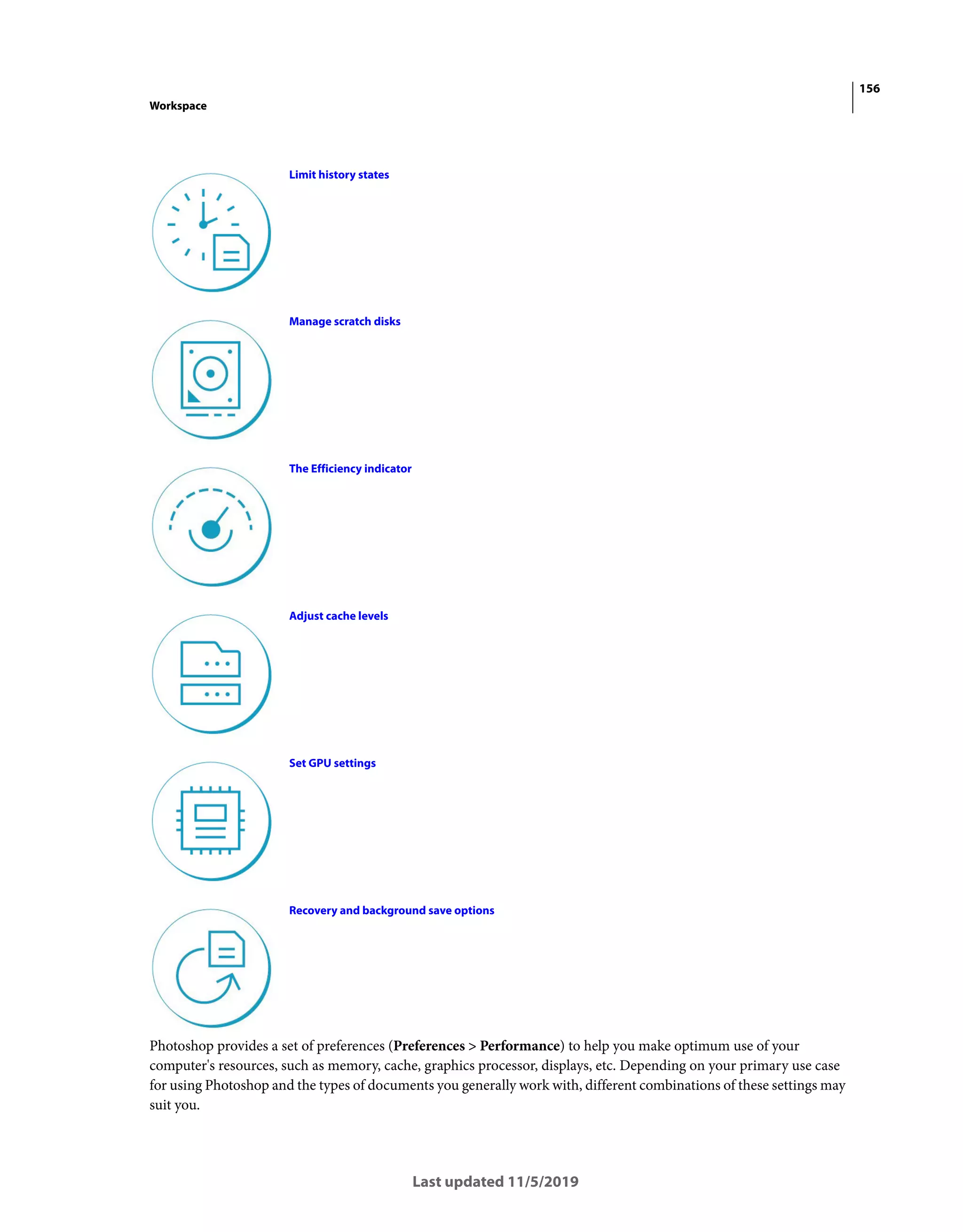 156
Workspace
Last updated 11/5/2019
Photoshop provides a set of preferences (Preferences > Performance) to help you make optimum use of your
computer's resources, such as memory, cache, graphics processor, displays, etc. Depending on your primary use case
for using Photoshop and the types of documents you generally work with, different combinations of these settings may
suit you.
Limit history states
Manage scratch disks
The Efficiency indicator
Adjust cache levels
Set GPU settings
Recovery and background save options
 