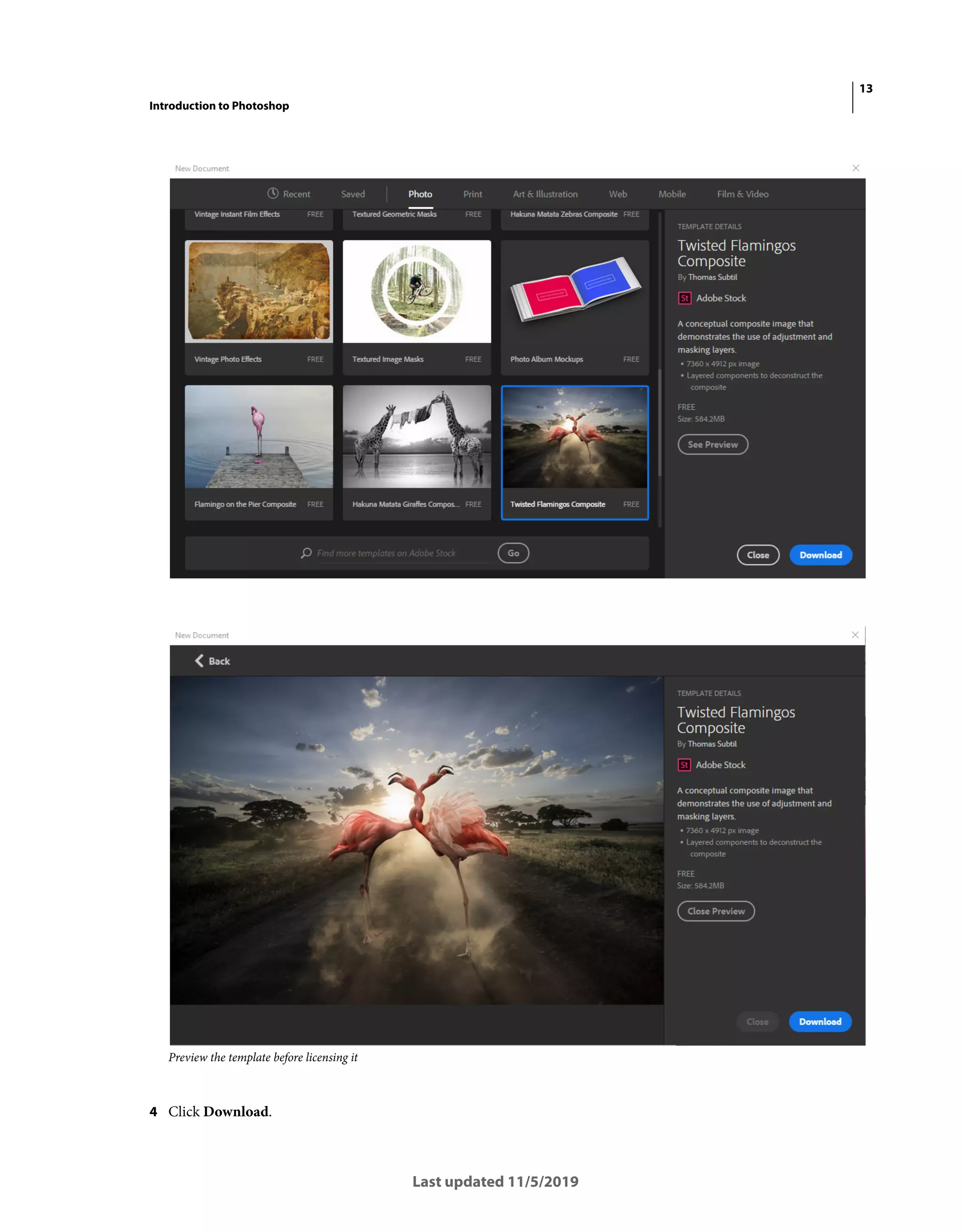 13
Introduction to Photoshop
Last updated 11/5/2019
Preview the template before licensing it
4 Click Download.
 