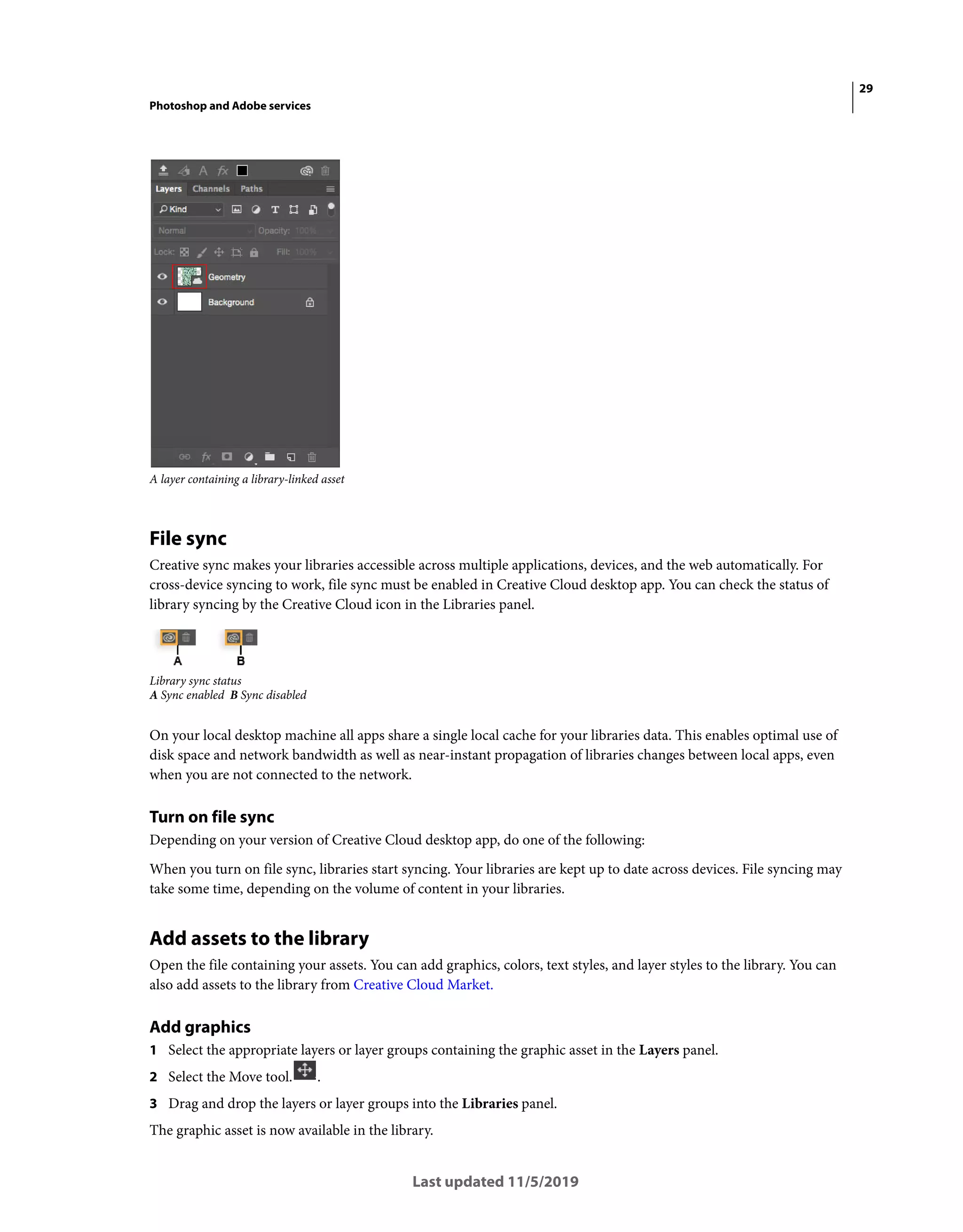 29
Photoshop and Adobe services
Last updated 11/5/2019
A layer containing a library-linked asset
File sync
Creative sync makes your libraries accessible across multiple applications, devices, and the web automatically. For
cross-device syncing to work, file sync must be enabled in Creative Cloud desktop app. You can check the status of
library syncing by the Creative Cloud icon in the Libraries panel.
Library sync status
A Sync enabled B Sync disabled
On your local desktop machine all apps share a single local cache for your libraries data. This enables optimal use of
disk space and network bandwidth as well as near-instant propagation of libraries changes between local apps, even
when you are not connected to the network.
Turn on file sync
Depending on your version of Creative Cloud desktop app, do one of the following:
When you turn on file sync, libraries start syncing. Your libraries are kept up to date across devices. File syncing may
take some time, depending on the volume of content in your libraries.
Add assets to the library
Open the file containing your assets. You can add graphics, colors, text styles, and layer styles to the library. You can
also add assets to the library from Creative Cloud Market.
Add graphics
1 Select the appropriate layers or layer groups containing the graphic asset in the Layers panel.
2 Select the Move tool. .
3 Drag and drop the layers or layer groups into the Libraries panel.
The graphic asset is now available in the library.
 