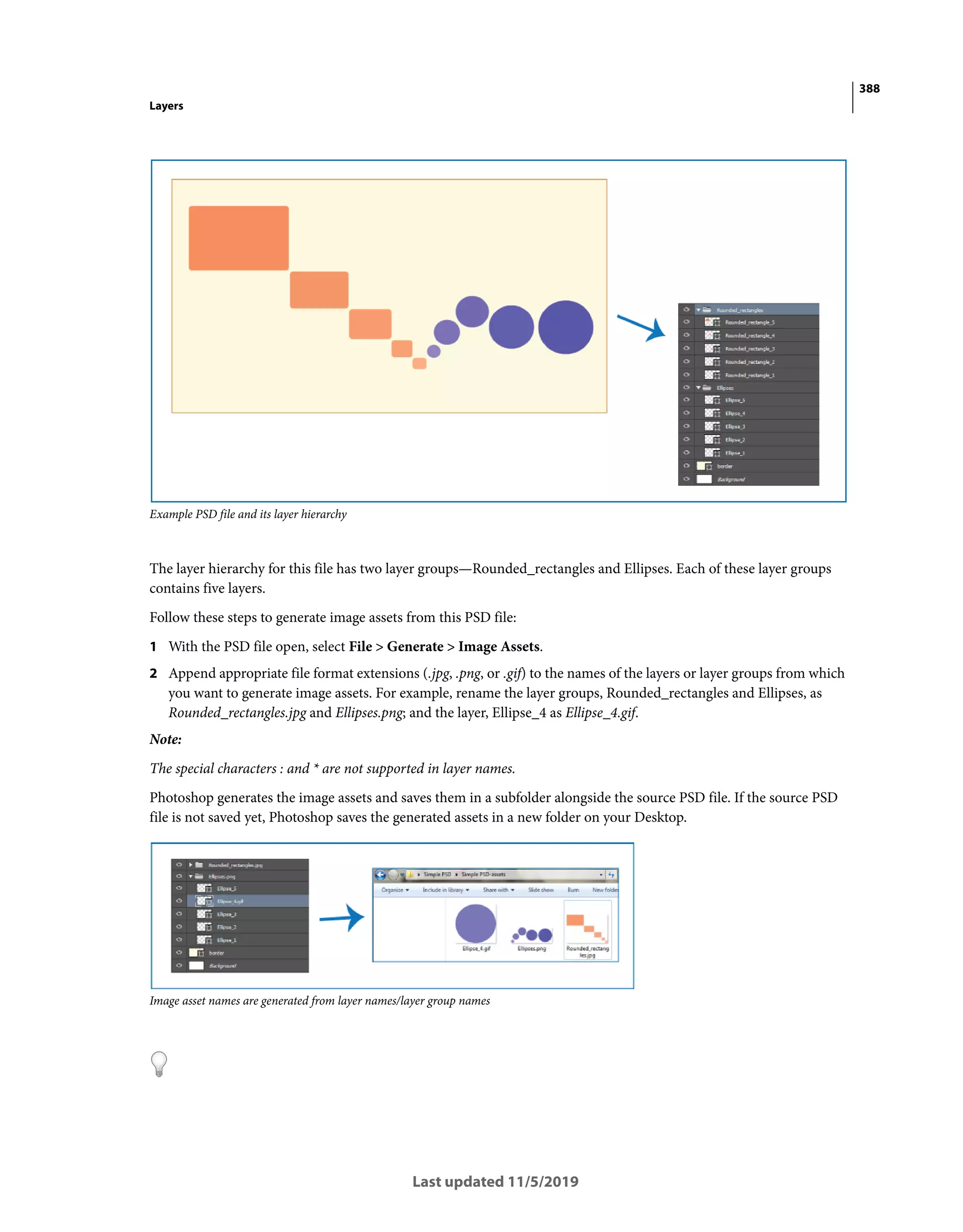 388
Layers
Last updated 11/5/2019
Example PSD file and its layer hierarchy
The layer hierarchy for this file has two layer groups—Rounded_rectangles and Ellipses. Each of these layer groups
contains five layers.
Follow these steps to generate image assets from this PSD file:
1 With the PSD file open, select File > Generate > Image Assets.
2 Append appropriate file format extensions (.jpg, .png, or .gif) to the names of the layers or layer groups from which
you want to generate image assets. For example, rename the layer groups, Rounded_rectangles and Ellipses, as
Rounded_rectangles.jpg and Ellipses.png; and the layer, Ellipse_4 as Ellipse_4.gif.
Note:
The special characters : and * are not supported in layer names.
Photoshop generates the image assets and saves them in a subfolder alongside the source PSD file. If the source PSD
file is not saved yet, Photoshop saves the generated assets in a new folder on your Desktop.
Image asset names are generated from layer names/layer group names
 