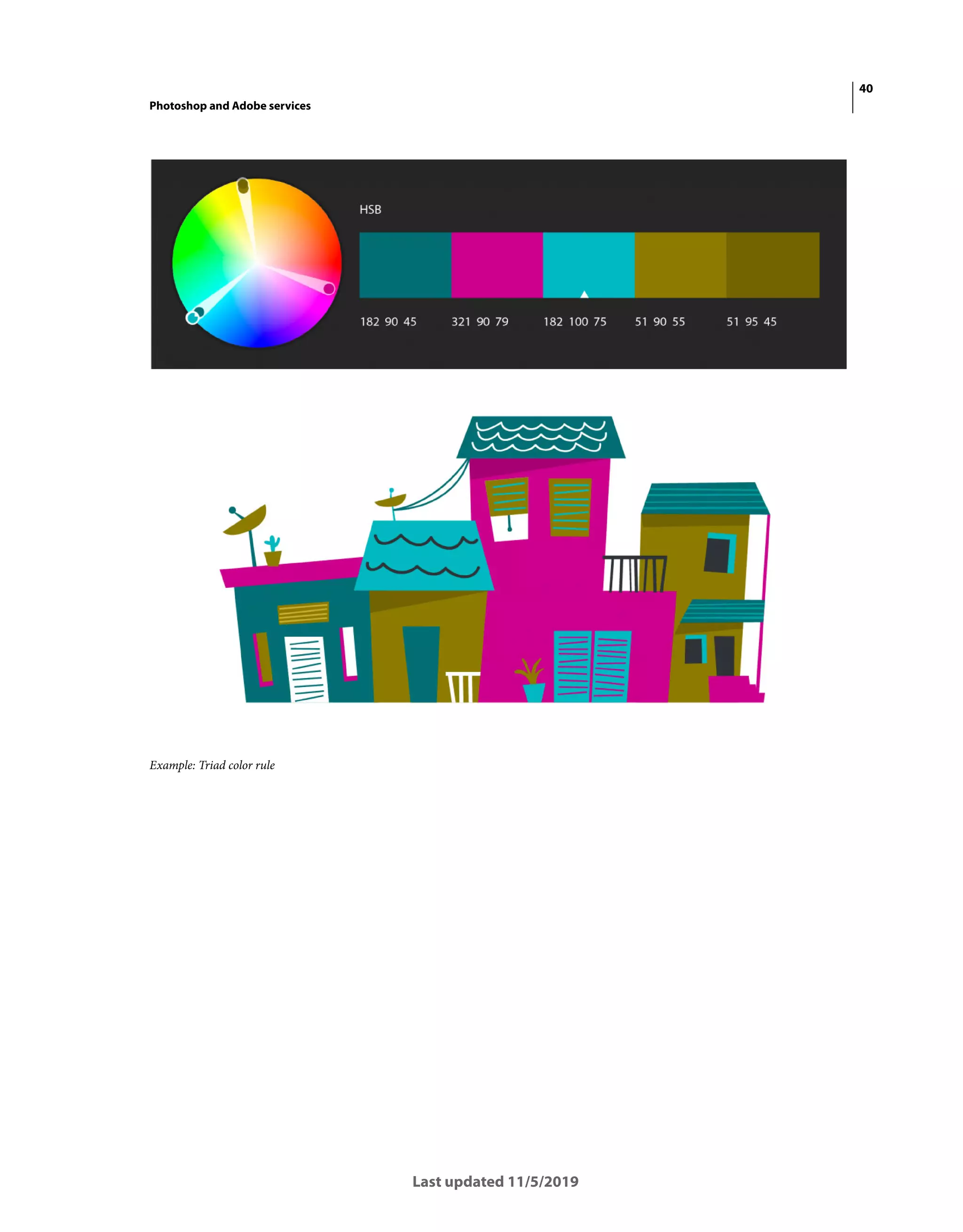 40
Photoshop and Adobe services
Last updated 11/5/2019
Example: Triad color rule
 