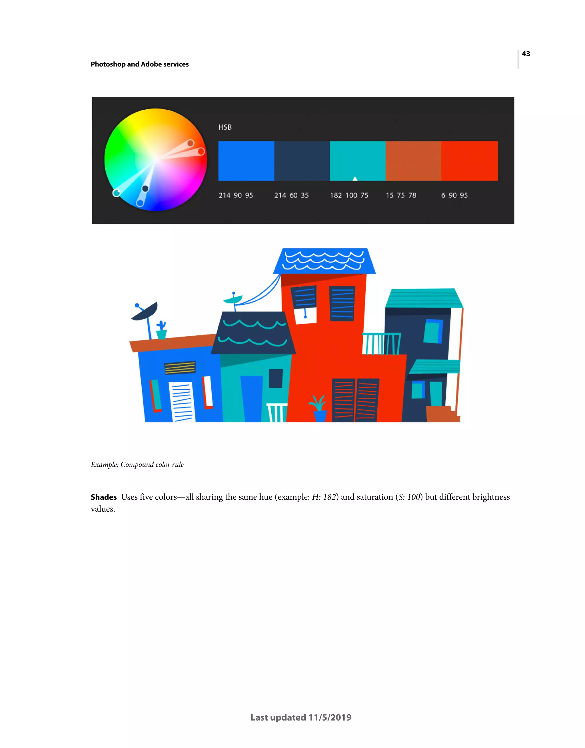 43
Photoshop and Adobe services
Last updated 11/5/2019
Example: Compound color rule
Shades Uses five colors—all sharing the same hue (example: H: 182) and saturation (S: 100) but different brightness
values.
 