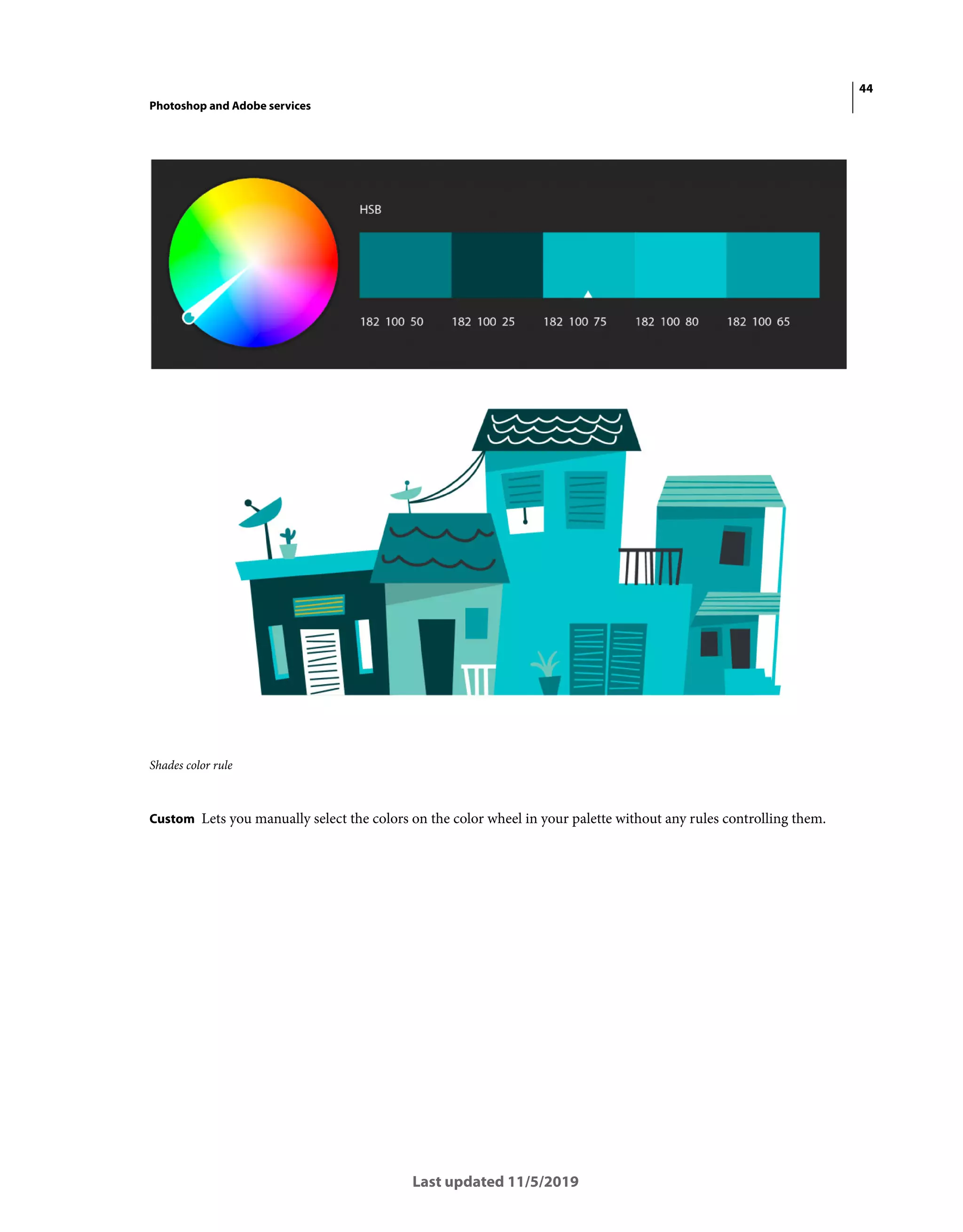 44
Photoshop and Adobe services
Last updated 11/5/2019
Shades color rule
Custom Lets you manually select the colors on the color wheel in your palette without any rules controlling them.
 