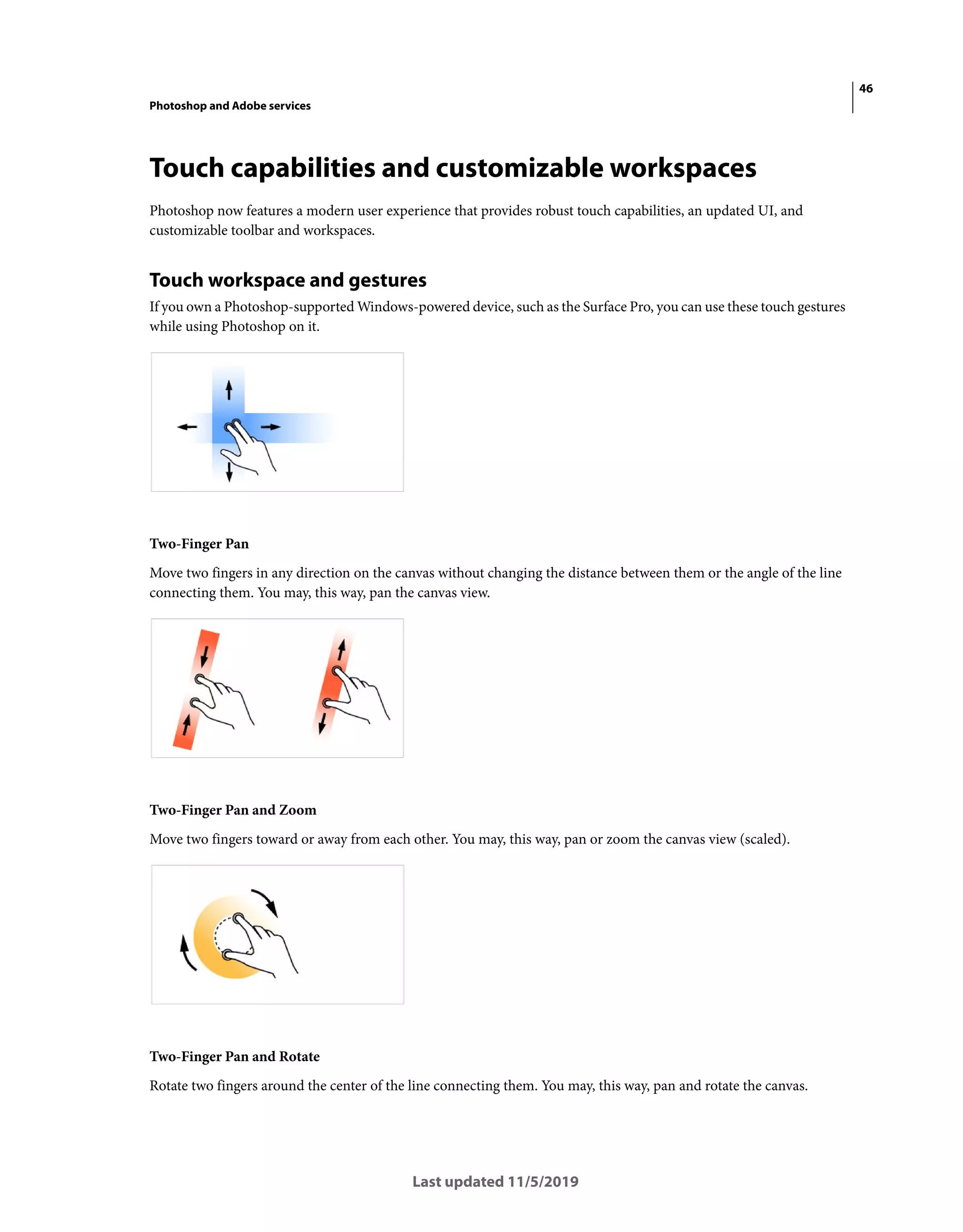 46
Photoshop and Adobe services
Last updated 11/5/2019
Touch capabilities and customizable workspaces
Photoshop now features a modern user experience that provides robust touch capabilities, an updated UI, and
customizable toolbar and workspaces.
Touch workspace and gestures
If you own a Photoshop-supported Windows-powered device, such as the Surface Pro, you can use these touch gestures
while using Photoshop on it.
Two-Finger Pan
Move two fingers in any direction on the canvas without changing the distance between them or the angle of the line
connecting them. You may, this way, pan the canvas view.
Two-Finger Pan and Zoom
Move two fingers toward or away from each other. You may, this way, pan or zoom the canvas view (scaled).
Two-Finger Pan and Rotate
Rotate two fingers around the center of the line connecting them. You may, this way, pan and rotate the canvas.
 
