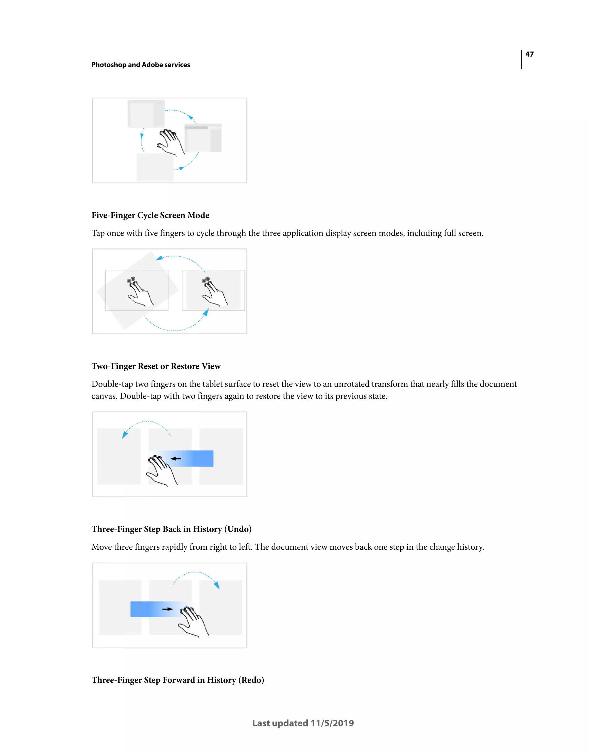 47
Photoshop and Adobe services
Last updated 11/5/2019
Five-Finger Cycle Screen Mode
Tap once with five fingers to cycle through the three application display screen modes, including full screen.
Two-Finger Reset or Restore View
Double-tap two fingers on the tablet surface to reset the view to an unrotated transform that nearly fills the document
canvas. Double-tap with two fingers again to restore the view to its previous state.
Three-Finger Step Back in History (Undo)
Move three fingers rapidly from right to left. The document view moves back one step in the change history.
Three-Finger Step Forward in History (Redo)
 