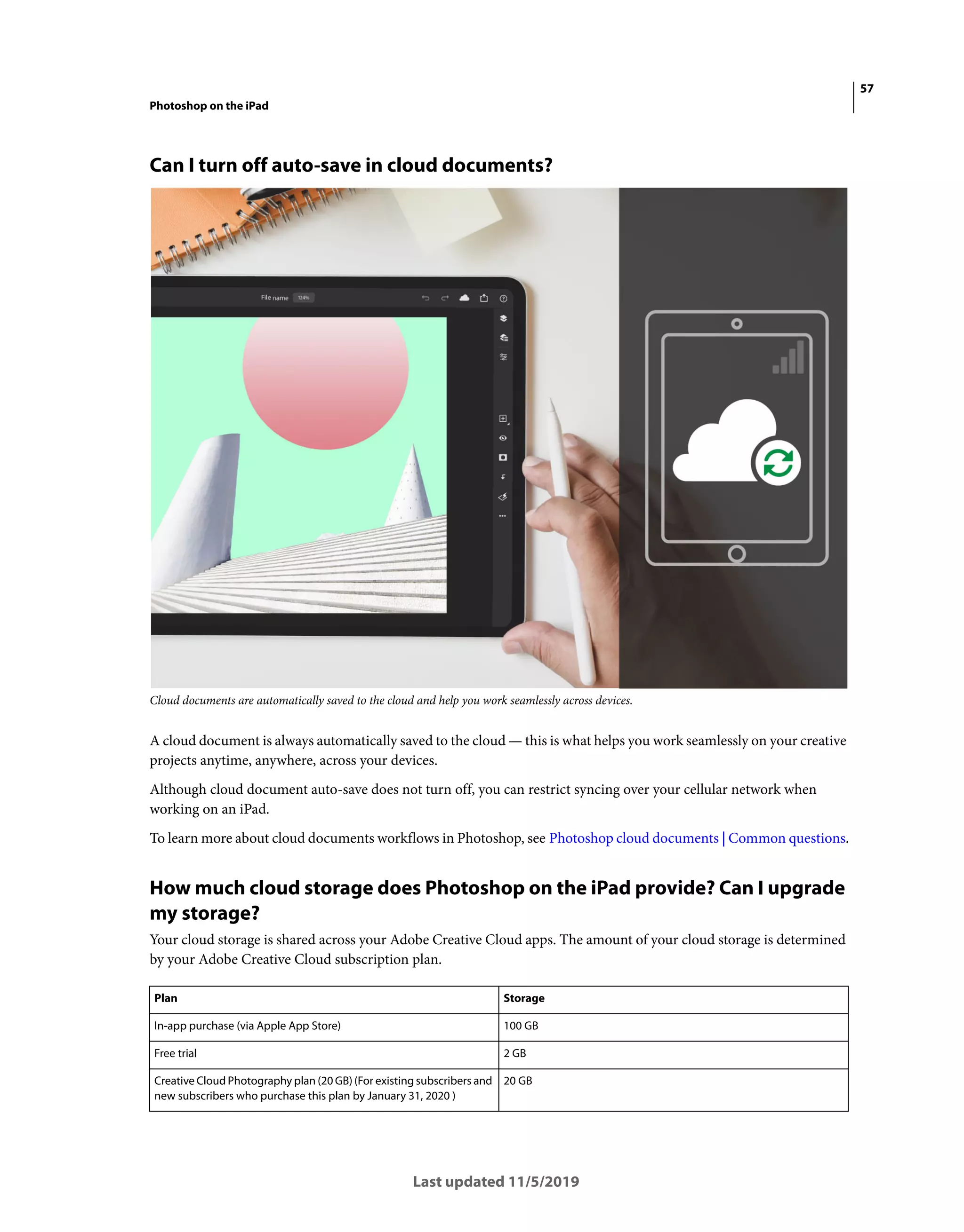 57
Photoshop on the iPad
Last updated 11/5/2019
Can I turn off auto-save in cloud documents?
Cloud documents are automatically saved to the cloud and help you work seamlessly across devices.
A cloud document is always automatically saved to the cloud — this is what helps you work seamlessly on your creative
projects anytime, anywhere, across your devices.
Although cloud document auto-save does not turn off, you can restrict syncing over your cellular network when
working on an iPad.
To learn more about cloud documents workflows in Photoshop, see Photoshop cloud documents | Common questions.
How much cloud storage does Photoshop on the iPad provide? Can I upgrade
my storage?
Your cloud storage is shared across your Adobe Creative Cloud apps. The amount of your cloud storage is determined
by your Adobe Creative Cloud subscription plan.
Plan Storage
In-app purchase (via Apple App Store) 100 GB
Free trial 2 GB
Creative Cloud Photography plan (20 GB) (For existing subscribers and
new subscribers who purchase this plan by January 31, 2020 )
20 GB
 