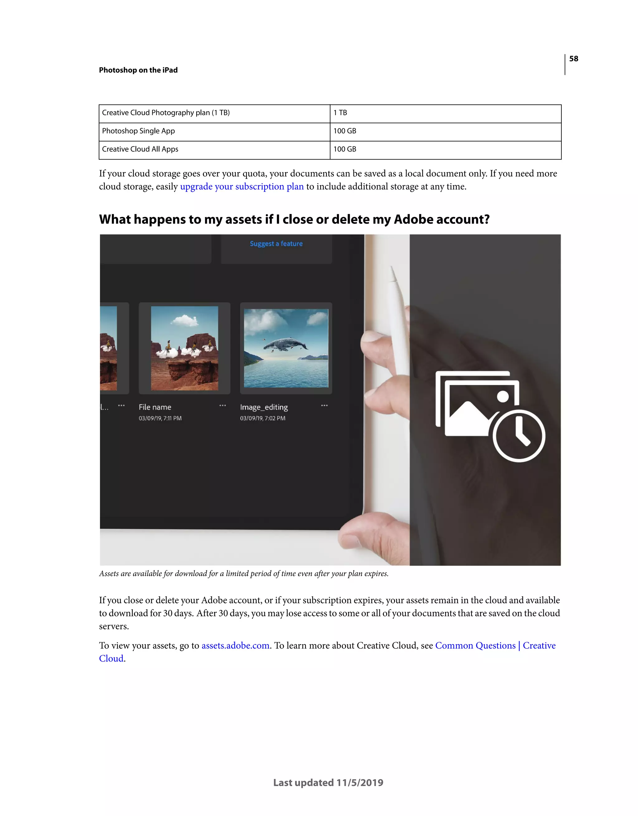 58
Photoshop on the iPad
Last updated 11/5/2019
If your cloud storage goes over your quota, your documents can be saved as a local document only. If you need more
cloud storage, easily upgrade your subscription plan to include additional storage at any time.
What happens to my assets if I close or delete my Adobe account?
Assets are available for download for a limited period of time even after your plan expires.
If you close or delete your Adobe account, or if your subscription expires, your assets remain in the cloud and available
to download for 30 days. After 30 days, you may lose access to some or all of your documents that are saved on the cloud
servers.
To view your assets, go to assets.adobe.com. To learn more about Creative Cloud, see Common Questions | Creative
Cloud.
Creative Cloud Photography plan (1 TB) 1 TB
Photoshop Single App 100 GB
Creative Cloud All Apps 100 GB
 