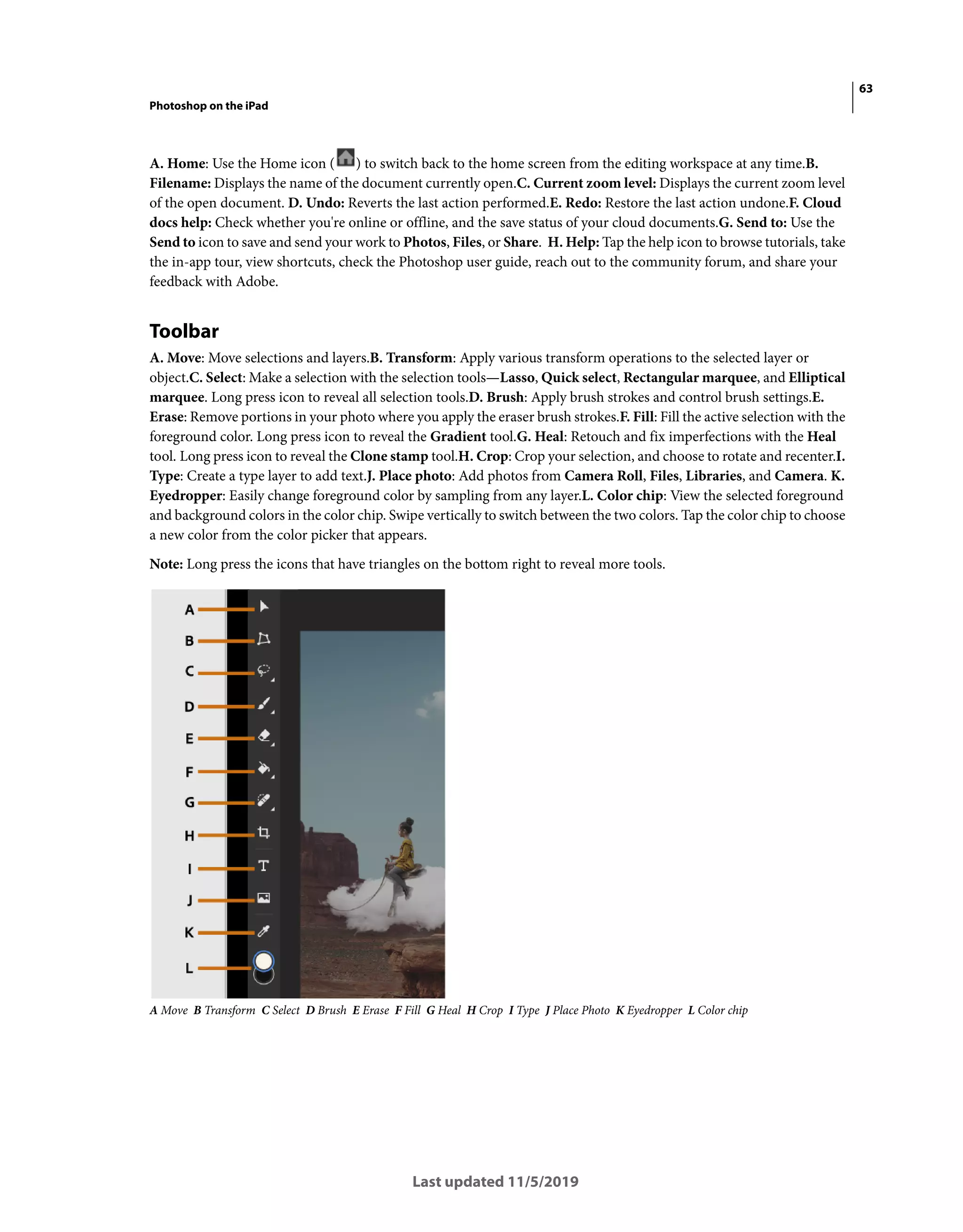 63
Photoshop on the iPad
Last updated 11/5/2019
A. Home: Use the Home icon ( ) to switch back to the home screen from the editing workspace at any time.B.
Filename: Displays the name of the document currently open.C. Current zoom level: Displays the current zoom level
of the open document. D. Undo: Reverts the last action performed.E. Redo: Restore the last action undone.F. Cloud
docs help: Check whether you're online or offline, and the save status of your cloud documents.G. Send to: Use the
Send to icon to save and send your work to Photos, Files, or Share. H. Help: Tap the help icon to browse tutorials, take
the in-app tour, view shortcuts, check the Photoshop user guide, reach out to the community forum, and share your
feedback with Adobe.
Toolbar
A. Move: Move selections and layers.B. Transform: Apply various transform operations to the selected layer or
object.C. Select: Make a selection with the selection tools—Lasso, Quick select, Rectangular marquee, and Elliptical
marquee. Long press icon to reveal all selection tools.D. Brush: Apply brush strokes and control brush settings.E.
Erase: Remove portions in your photo where you apply the eraser brush strokes.F. Fill: Fill the active selection with the
foreground color. Long press icon to reveal the Gradient tool.G. Heal: Retouch and fix imperfections with the Heal
tool. Long press icon to reveal the Clone stamp tool.H. Crop: Crop your selection, and choose to rotate and recenter.I.
Type: Create a type layer to add text.J. Place photo: Add photos from Camera Roll, Files, Libraries, and Camera. K.
Eyedropper: Easily change foreground color by sampling from any layer.L. Color chip: View the selected foreground
and background colors in the color chip. Swipe vertically to switch between the two colors. Tap the color chip to choose
a new color from the color picker that appears.
Note: Long press the icons that have triangles on the bottom right to reveal more tools.
A Move B Transform C Select D Brush E Erase F Fill G Heal H Crop I Type J Place Photo K Eyedropper L Color chip
 