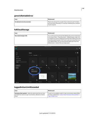 133
Cloud documents
Last updated 11/5/2019
genericRetriableError
fullCloudStorage
loggedInUserLimitExceeded
Issue Workaround
An unknown error has occurred. Please retry and see if it succeeds. If you continue to get this failure,
quit and restart Photoshop. If it continues, rebooting your computer
may be required.
Issue Workaround
Your cloud storage is full. You can free space by permanently deleting documents several ways.
In the Home Screen > Cloud Documents > Deleted location, select one
ormultipledocumentstodeletepermanently. Note:Deletingfromthe
Cloud documents location of the home screen just moves them into
your deleted folder. You must permanently delete them (from the
deleted area) in order to free up storage space.
Issue Workaround
Activation limit reached - Adobe has determined that you have
exceeded the maximum sign-ins/activations allowed to Creative
Cloud.
To get to an acceptable number of sign-ins/activations please follow
the steps outlined here: Creative Cloud "Activation limit reached" or
"Sign-in failed" error
 