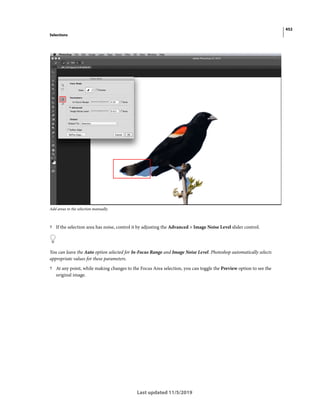 452
Selections
Last updated 11/5/2019
Add areas to the selection manually.
? If the selection area has noise, control it by adjusting the Advanced > Image Noise Level slider control.
You can leave the Auto option selected for In-Focus Range and Image Noise Level. Photoshop automatically selects
appropriate values for these parameters.
? At any point, while making changes to the Focus Area selection, you can toggle the Preview option to see the
original image.
 