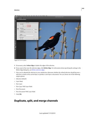 453
Selections
Last updated 11/5/2019
Toggle the Preview option.
1 If necessary, select Soften Edge to feather the edges of the selection.
2 If you want to fine-tune the selection edges, click Refine Edge. For information about specifying the settings in the
Refine Edge dialog box, see Refine selection edges.
? Once you've adjusted the selection to your satisfaction, determine whether the refined selection should become a
selection or mask on the current layer, or produce a new layer or document. You can choose one of the following
output options:
• Selection (default)
• Layer Mask
• New Layer
• New Layer With Layer Mask
• New Document
• New Document With Layer Mask
? Click OK.
Duplicate, split, and merge channels
 