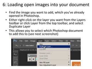 6: Loading open images into your document
• Find the image you want to add, which you’ve already
opened in Photoshop.
• Either right-click on the layer you want from the Layers
toolbar or click Layer from the top toolbar, and select
Duplicate Layer
• This allows you to select which Photoshop document
to add this to (see next screenshot)
 