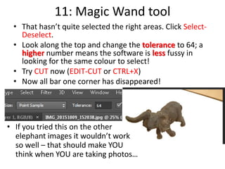11: Magic Wand tool
• That hasn’t quite selected the right areas. Click Select-
Deselect.
• Look along the top and change the tolerance to 64; a
higher number means the software is less fussy in
looking for the same colour to select!
• Try CUT now (EDIT-CUT or CTRL+X)
• Now all bar one corner has disappeared!
• If you tried this on the other
elephant images it wouldn’t work
so well – that should make YOU
think when YOU are taking photos…
 