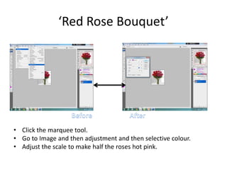 ‘Red Rose Bouquet’
• Click the marquee tool.
• Go to Image and then adjustment and then selective colour.
• Adjust the scale to make half the roses hot pink.
 