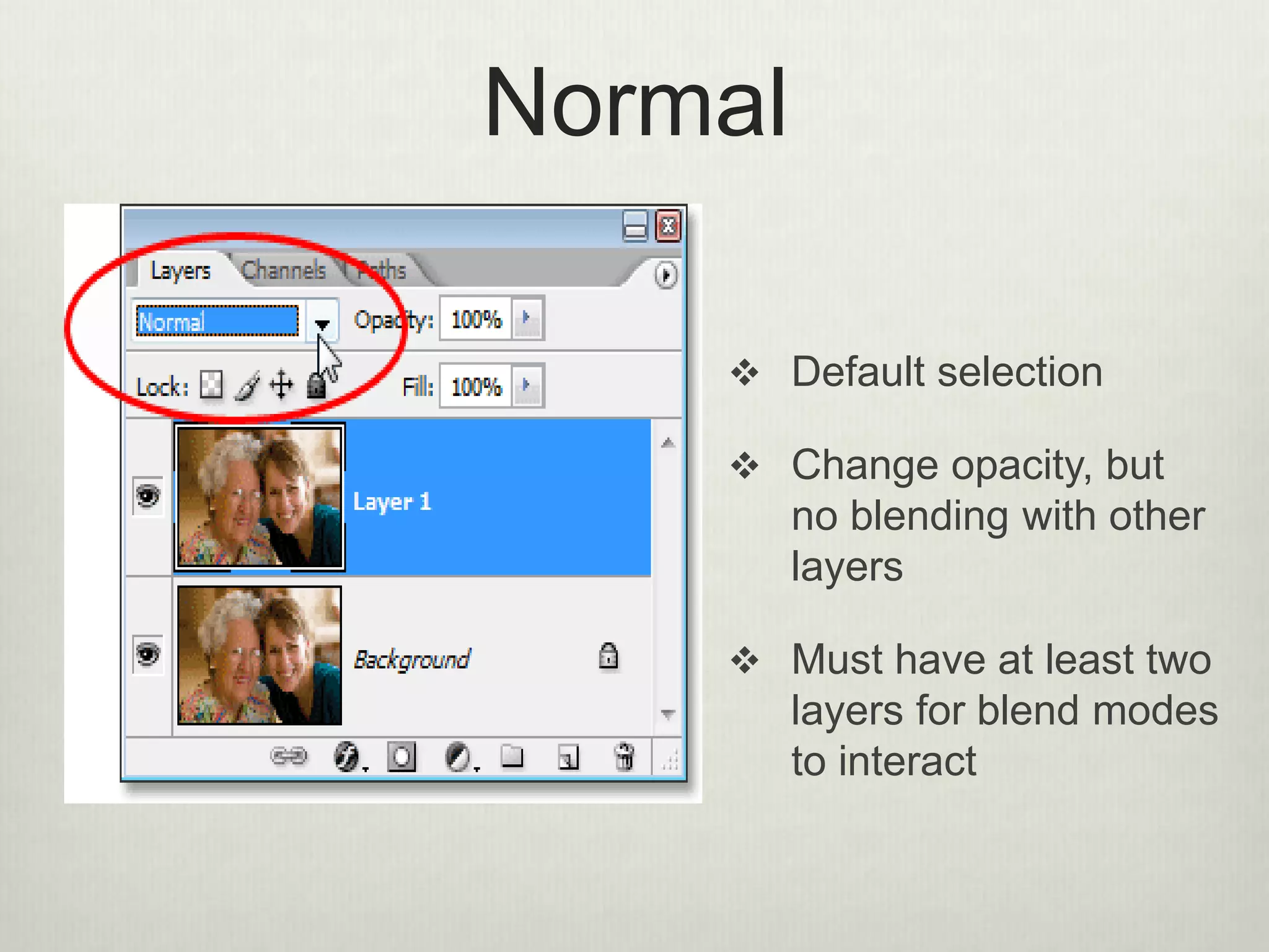 Normal
 Default selection
 Change opacity, but
no blending with other
layers
 Must have at least two
layers for blend modes
to interact
 