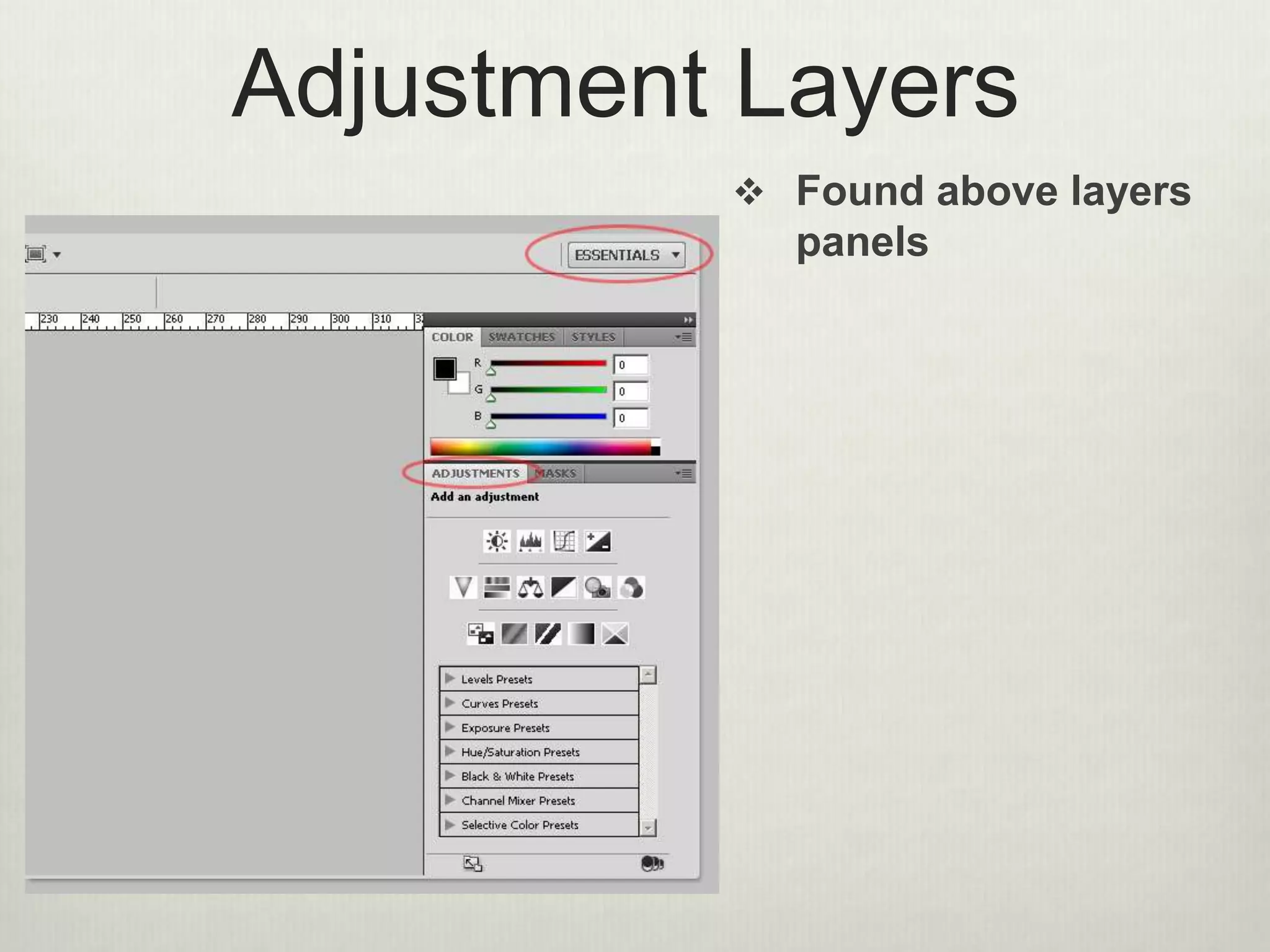 Adjustment Layers
 Found above layers
panels
 