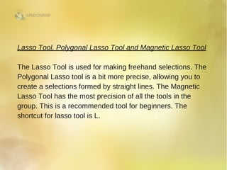 Lasso Tool, Polygonal Lasso Tool and Magnetic Lasso Tool
The Lasso Tool is used for making freehand selections. The
Polygonal Lasso tool is a bit more precise, allowing you to
create a selections formed by straight lines. The Magnetic
Lasso Tool has the most precision of all the tools in the
group. This is a recommended tool for beginners. The
shortcut for lasso tool is L. 
 